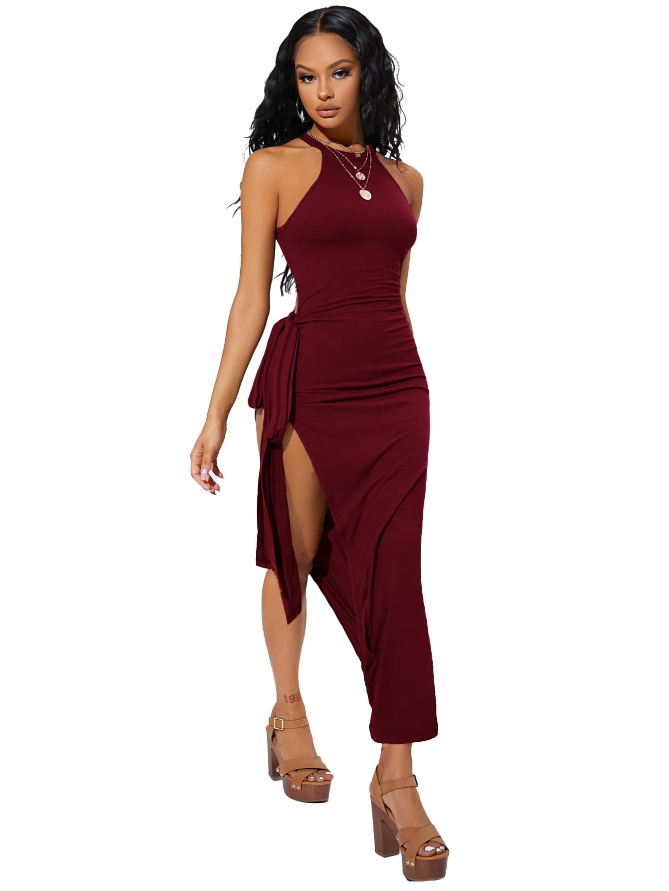 Sexy Sleeveless Halter Neck Bodycon Dress for Women - Side Slit & Tie Knot Design, Perfect for Night Out, Party, and Special Occasions