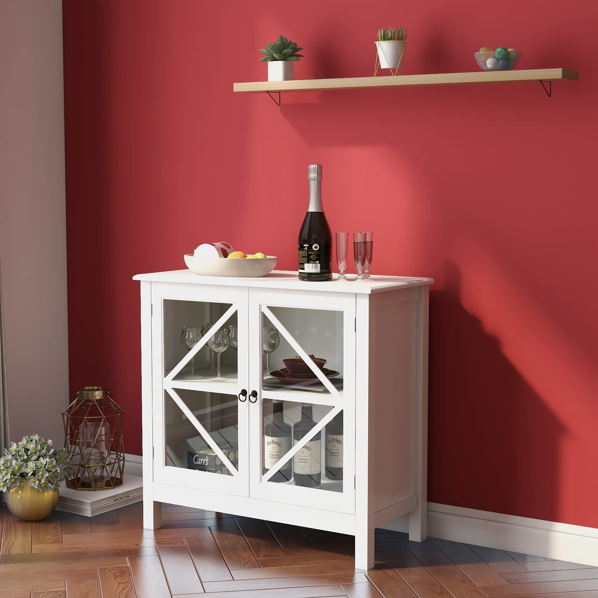 White Accent Storage Cabinet with Glass Doors - Small Buffet Sideboard for Kitchen & Dining Room - Entryway Console Cabinet - Perfect for Home Decor & Storage Solutions