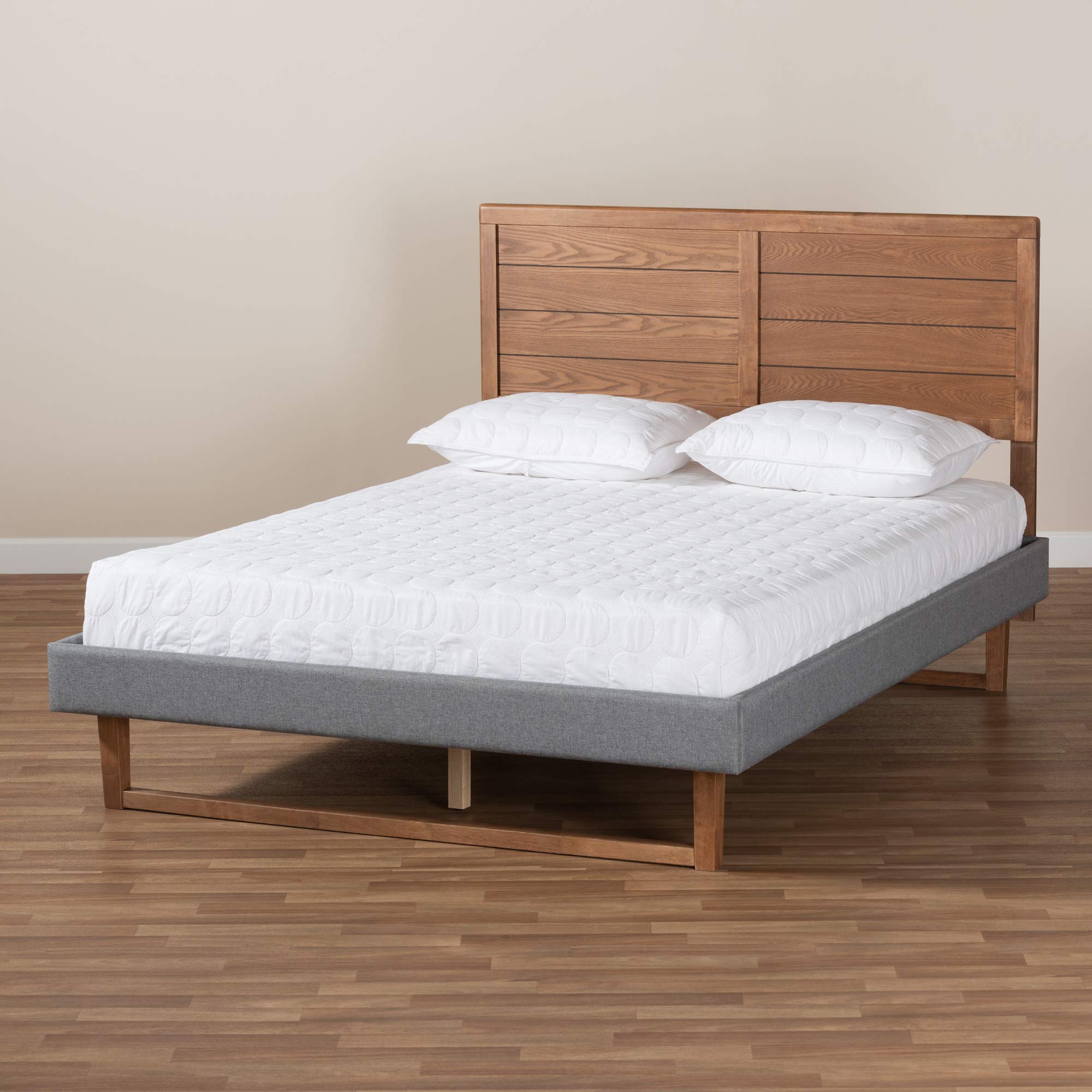 Baxton Studio Queen Platform Bed Frame - Dark Grey/Ash Walnut Finish - Modern Minimalist Bedroom Furniture for Small Spaces & Apartment Living