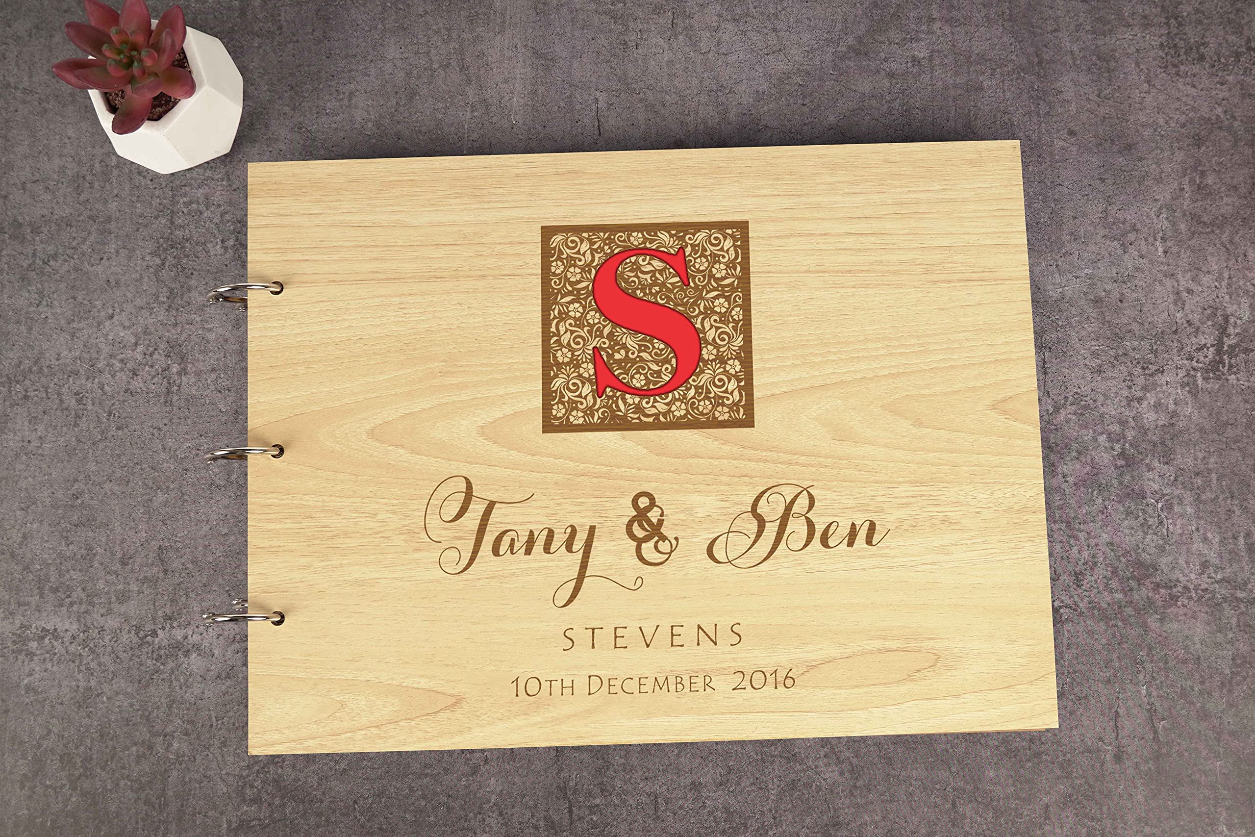 Personalized Laser Engraved Wedding Guest Book with Wooden Cover - Custom Sign-in Registry for Bridal Shower, Anniversary & Reception - Unique Keepsake Scrapbook for Couples (DK)