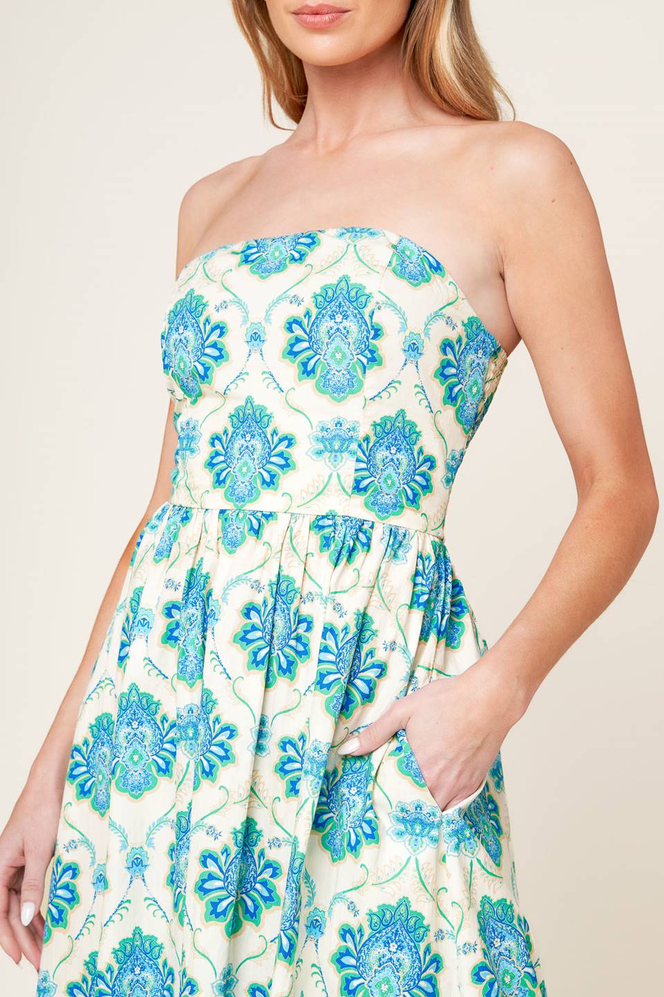 Elegant Strapless Midi Dress in Blue & Green - Perfect for Weddings, Parties & Summer Outings