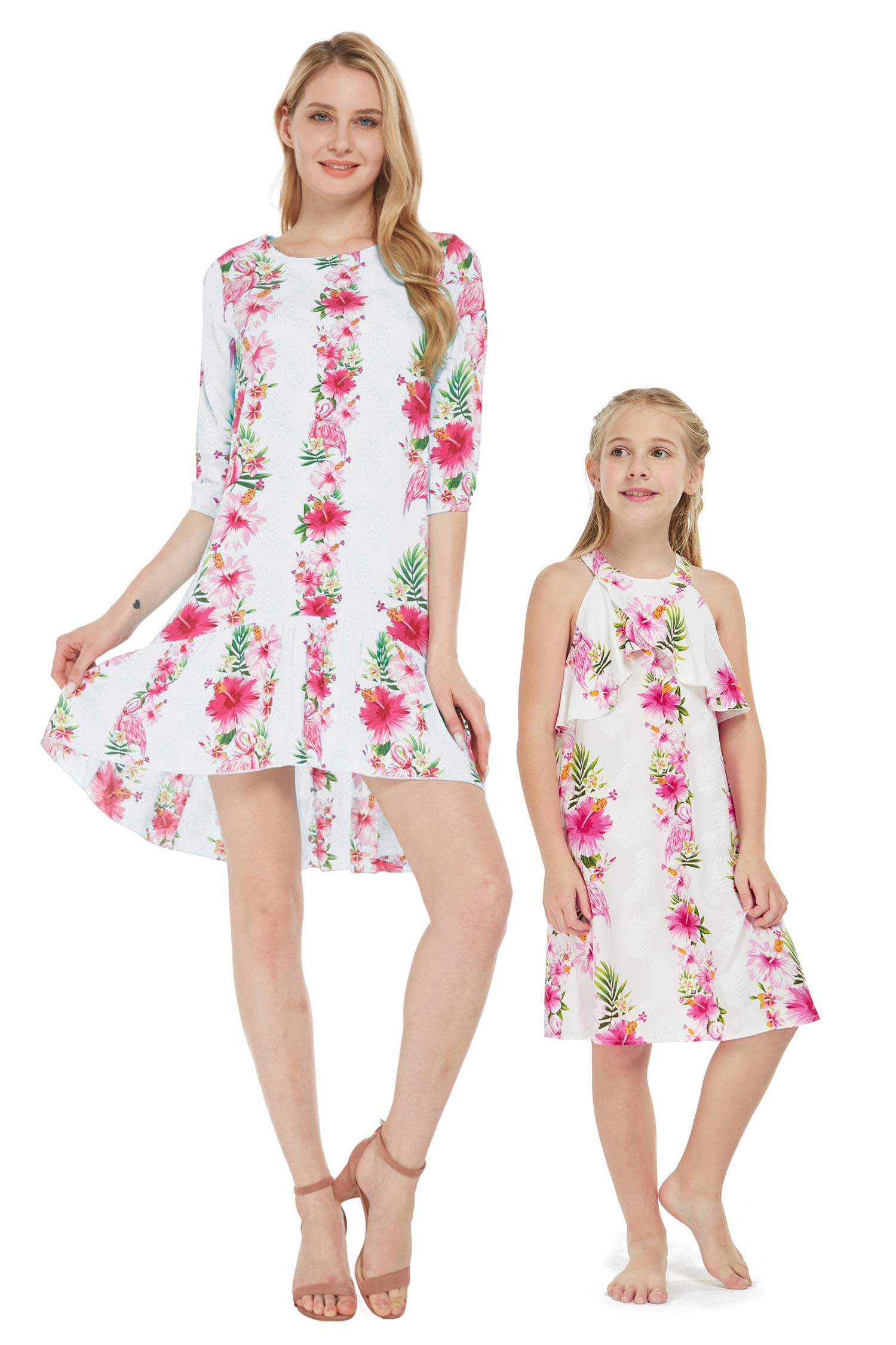 Hawaiian Luau Mother Daughter Matching Dresses - 3/4 Sleeve Mermaid Ruffle Maxi Dress in Pink & Black Hibiscus Print | Perfect for Beach Vacations, Family Photos & Tropical Parties