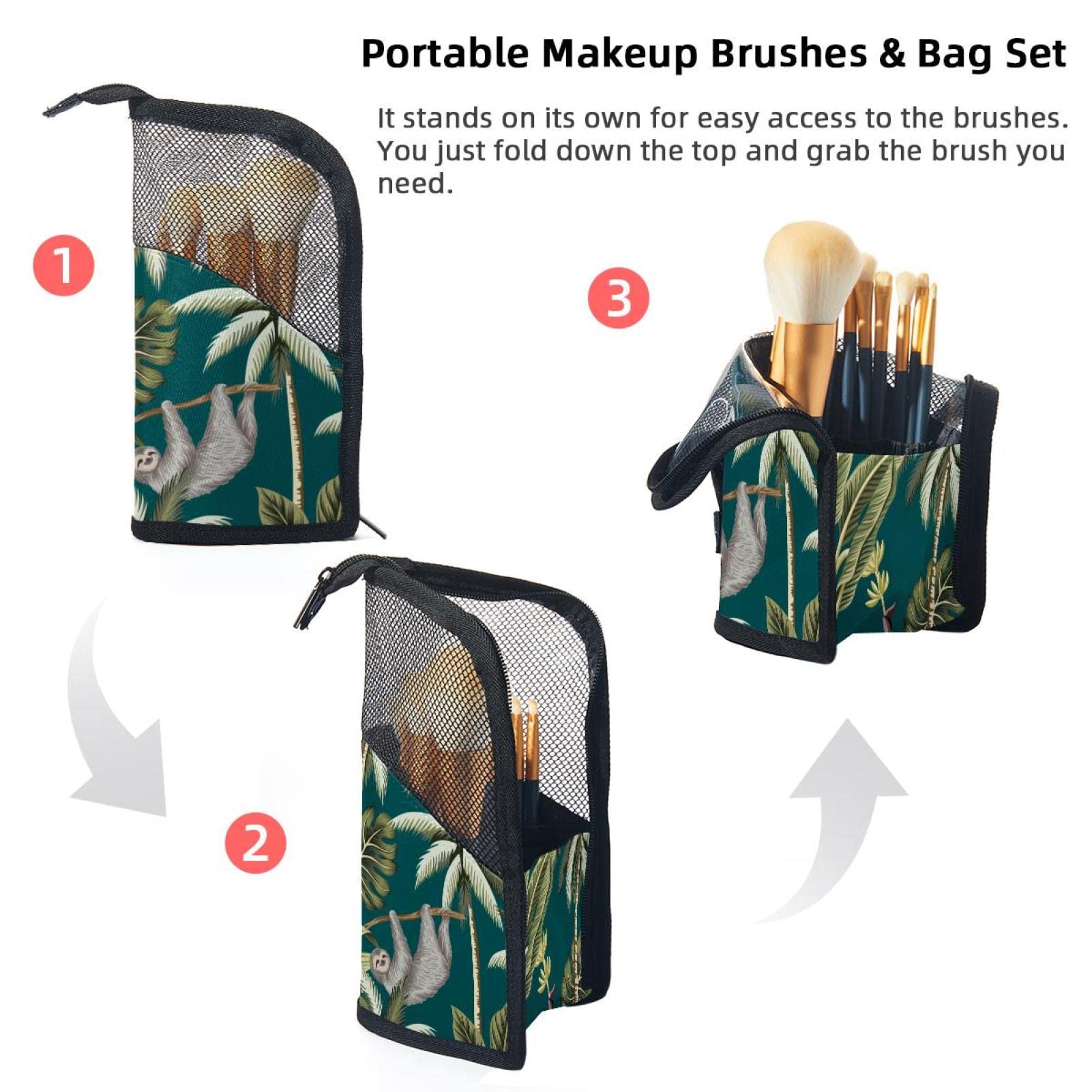 Premium 12-Piece Makeup Brush Organizer Bag with Animal Monkey Tropical Tree Design - Portable Travel Makeup Brush Holder Case for Professional Artists & Beginners - Perfect for Travel, Home Vanity & Salon Use