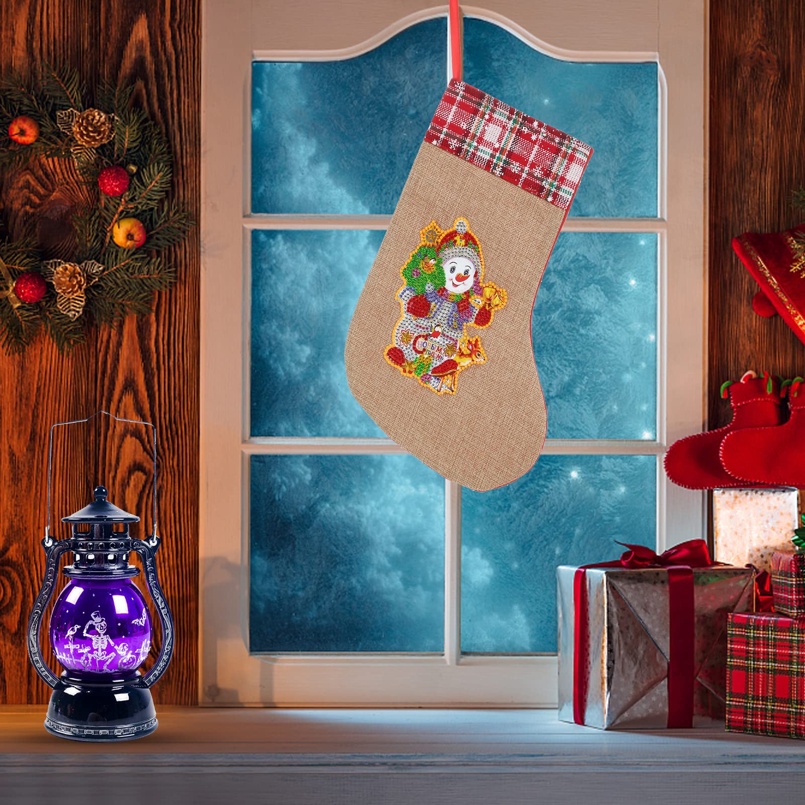 LUSandy DIY 5D Diamond Painting Kit - Christmas Stockings 12.2 Inch with Snowman and Elk Design, Luminous Diamond Art Candy Bag for Xmas Fireplace Hanging, Perfect for Family Holiday Decorations, Christmas Party, Home Decor and Gift Giving