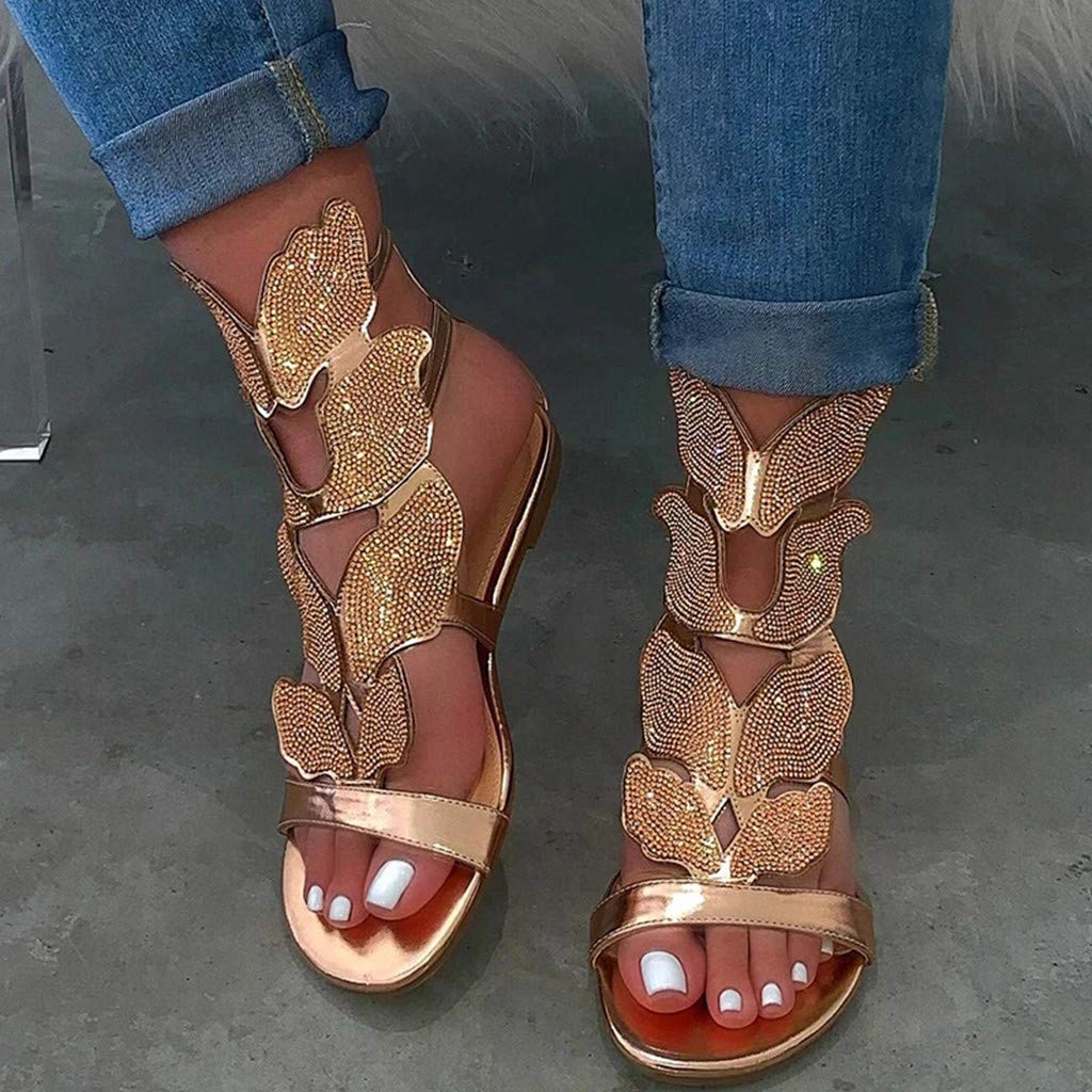 Masbird Women's Casual Summer Sandals - Rhinestone Embellished Flat Sandals with Hollow-Out Design | Flip Flops for Beach, Pool, and Everyday Wear