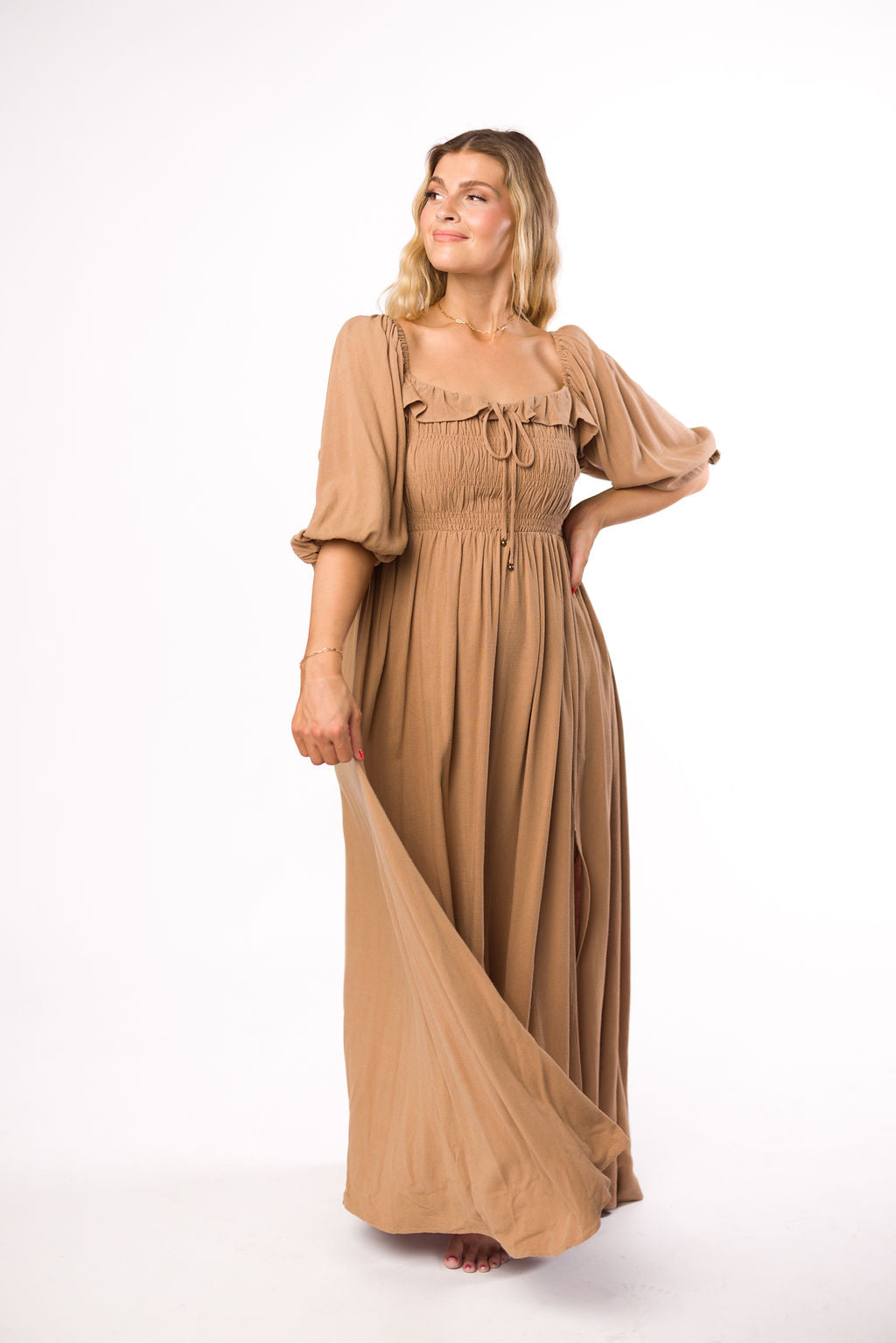 Devon Smocked Maternity Maxi Dress in Taupe - Bump Friendly Flowy Long Dress for Pregnancy, Nursing & Postpartum - Perfect for Baby Showers, Beach Vacations & Date Nights