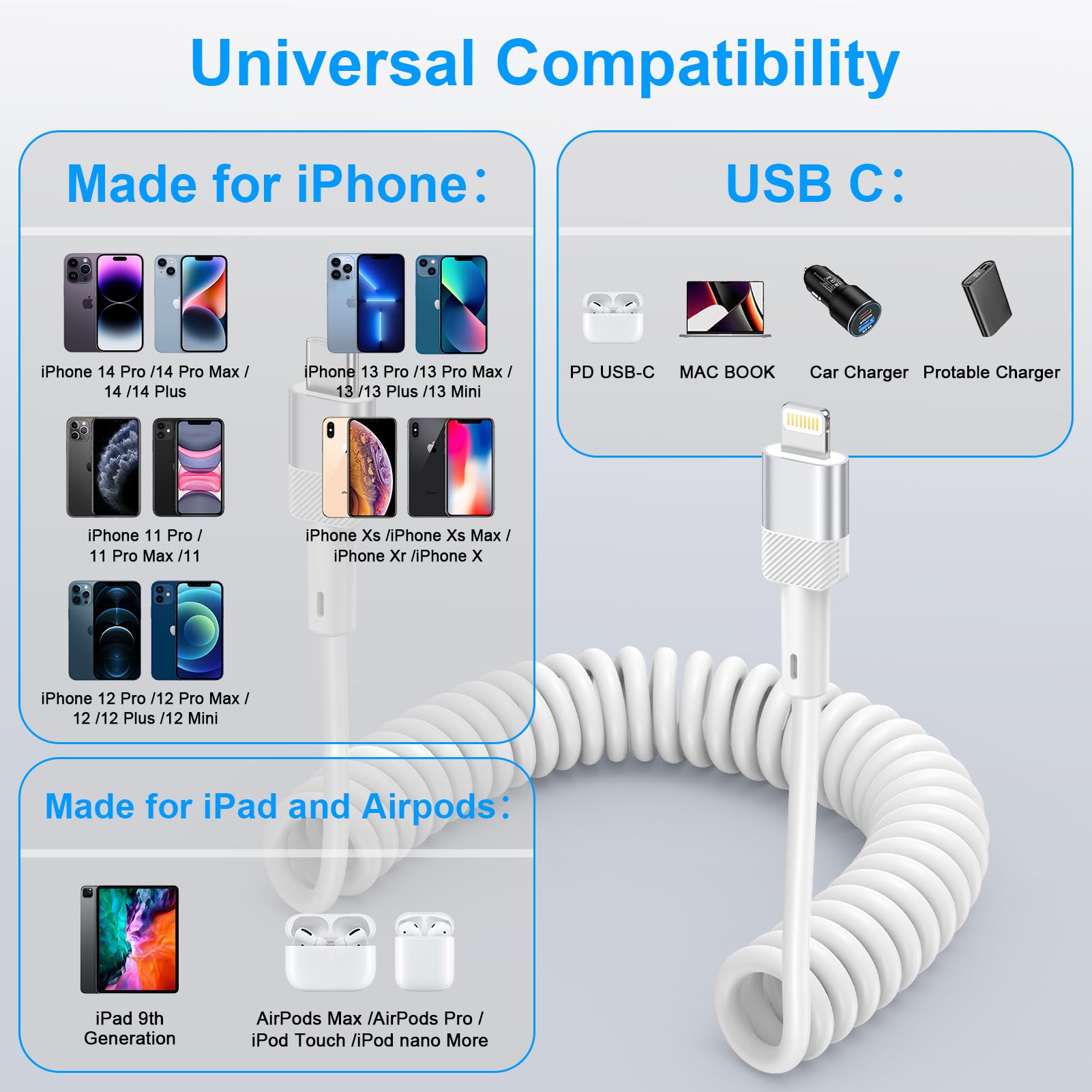 Apple USB C CarPlay Cable - 2 Pack Retractable Coil Charging Cable for iPhone 14 Pro Max/14 Plus/14/13/12/11/Xs/XR & iPad - Fast Charging, Tangle-Free Design for Car, Home, and Office Use