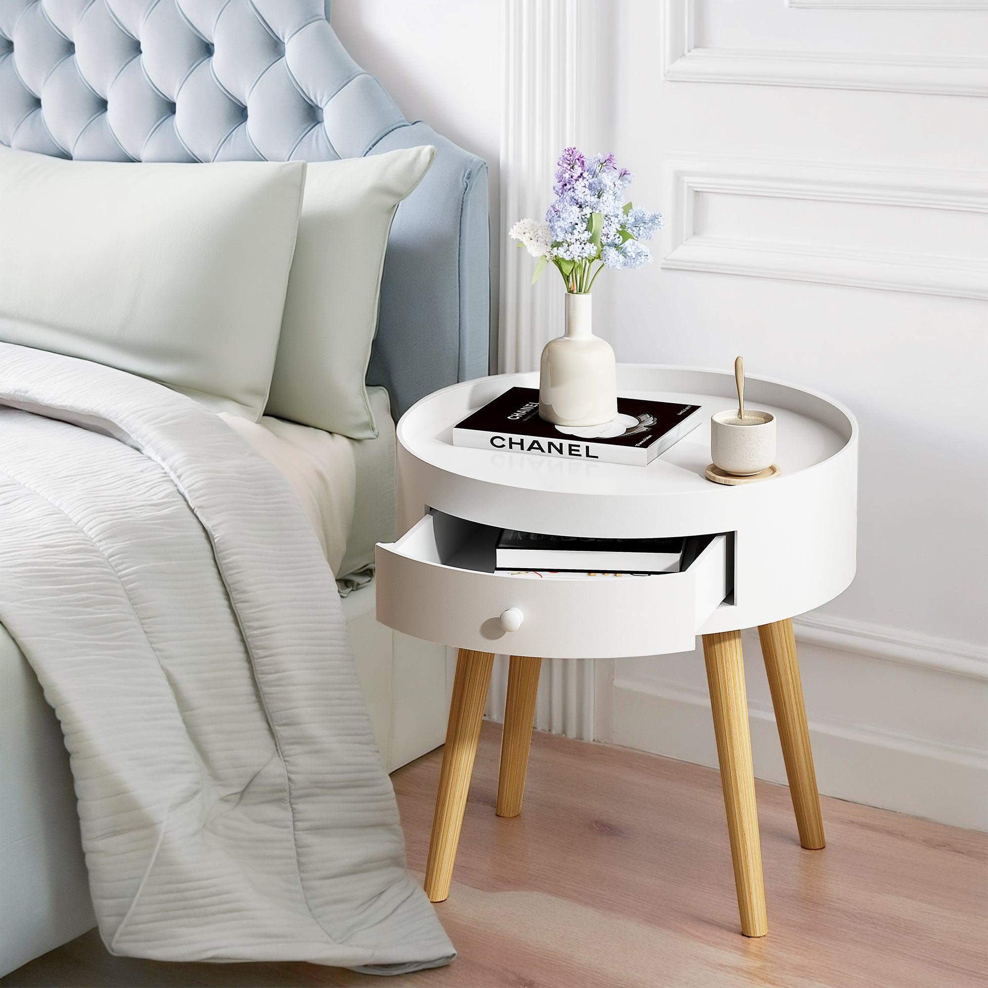 18H Nightstand with Storage Drawer & Oak Legs - Modern Bedside Table for Bedroom, Living Room | Perfect as Sofa Side Table, Coffee Table, or Night Stand for Small Spaces