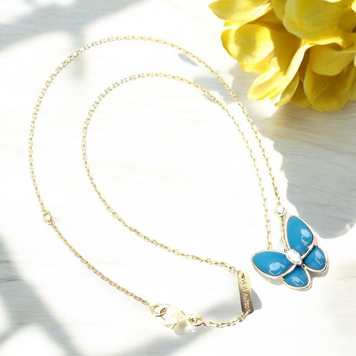 Van Cleef & Arpels 18k Gold Diamond Turquoise Butterfly Pendant Necklace with Certificate - Luxury Jewelry for Women, Perfect for Weddings, Anniversaries & Special Occasions