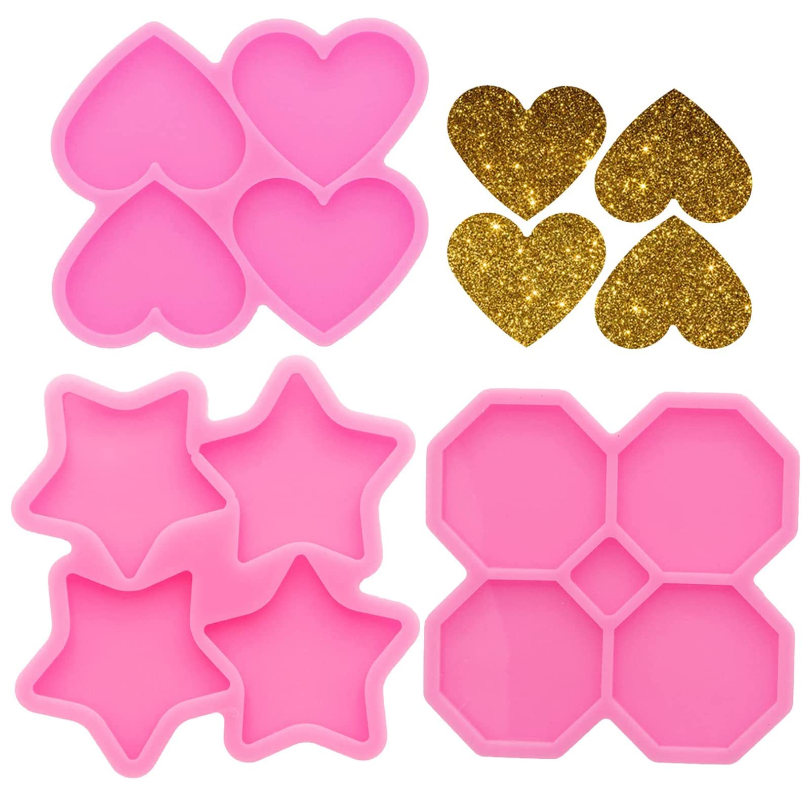3Pcs Silicone Resin Molds Set - Star, Heart & Octagon 4-Cavity Molds (1.7 Inch) for DIY Jewelry, Badge Reels & Epoxy Casting | Perfect for Keychains, Pendants & Craft Projects