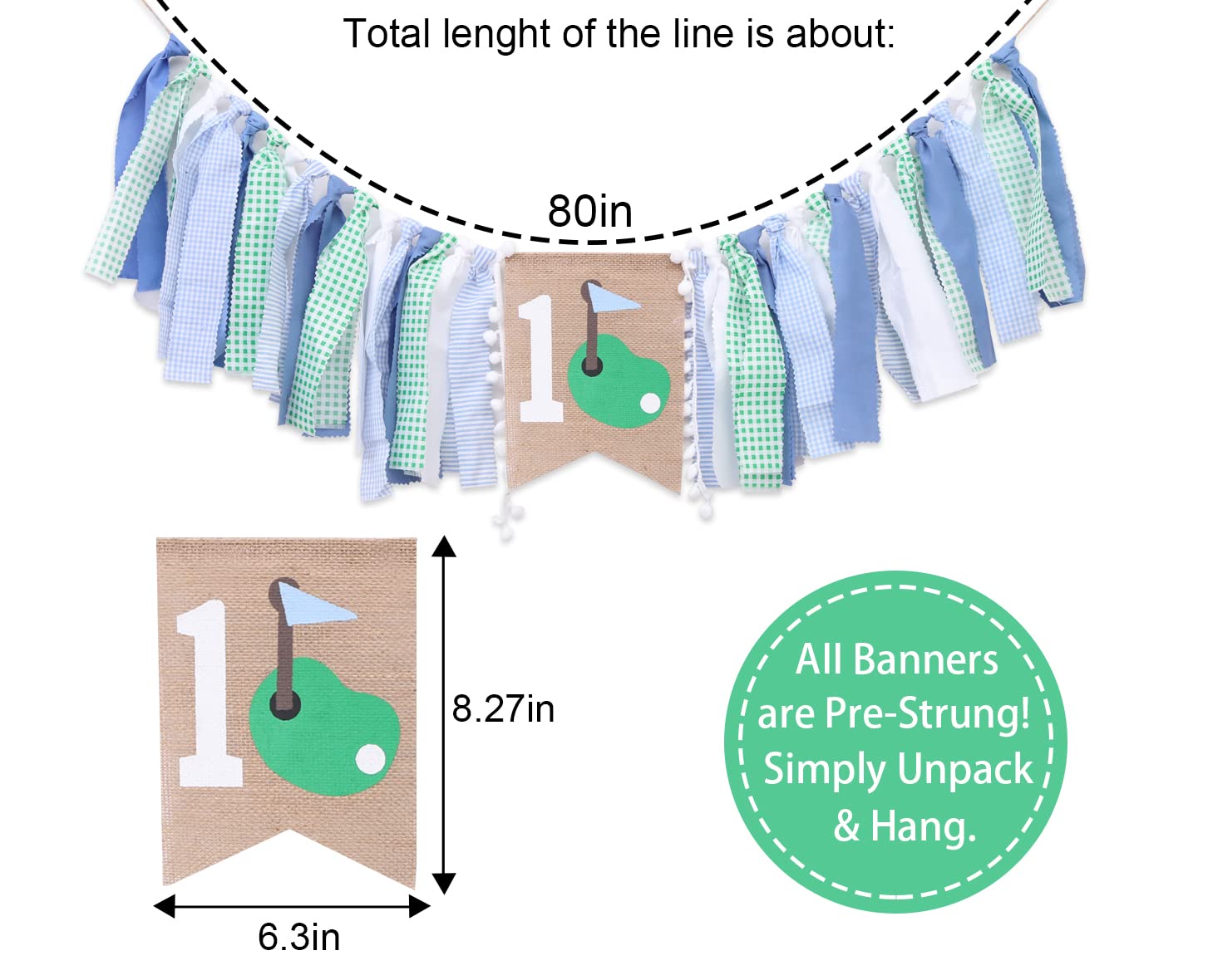 1st Birthday Highchair Banner - Golf Theme Party Decorations for Girls & Boys | Green & Blue Rag Garland Banner for First Birthday, Cake Smash Photos & Fore Par-tee Celebrations | Perfect for Golf-Themed 1st Birthday Parties, Highchair Decor & Photo Backdrops