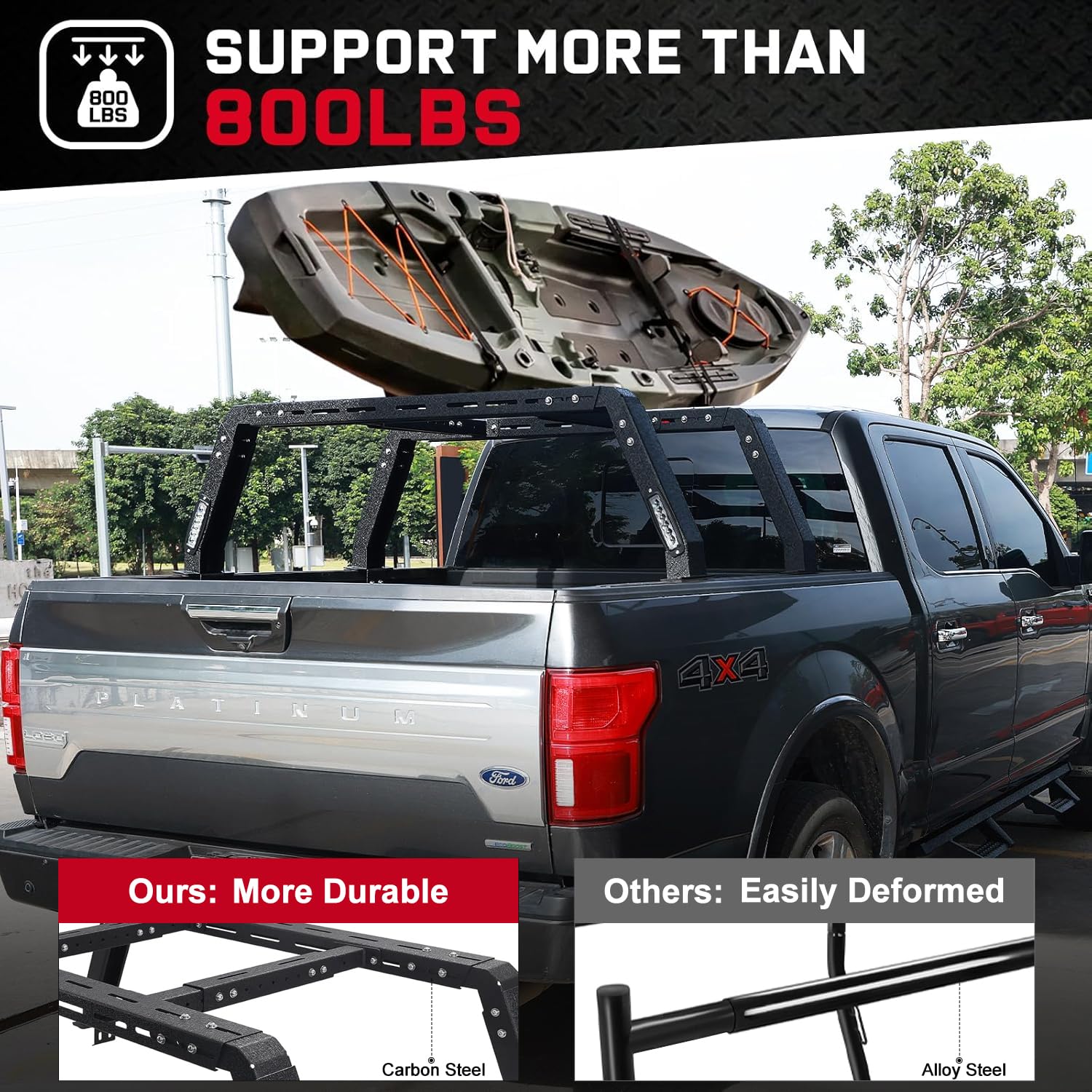 Adjustable Truck Bed Rack with LED Lights - Heavy Duty Overland Roof Rack Compatible with Ford F150, Toyota Tundra, Dodge Ram, Chevy Silverado & Nissan Titan | Ladder Rack for Pickups Without Factory Bed Rails or Tonneau Covers | Perfect for Camping, Off-Roading & Cargo Transport