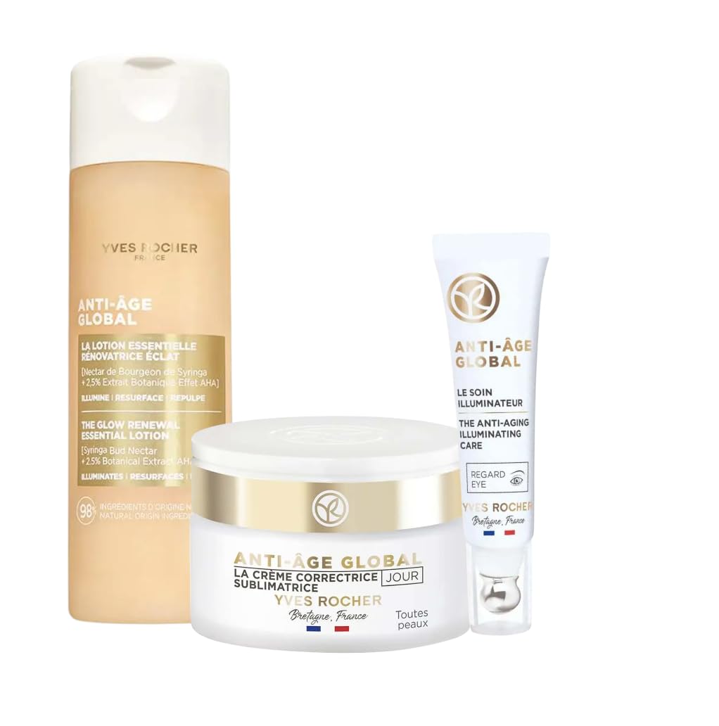 Yves Rocher Anti-Aging Global Radiance Activator Lotion - Hydrating Face Cream & Eye Care Set (122ml + 15ml + 50ml) for Youthful Glow - Day & Night Skincare Routine for Mature Skin