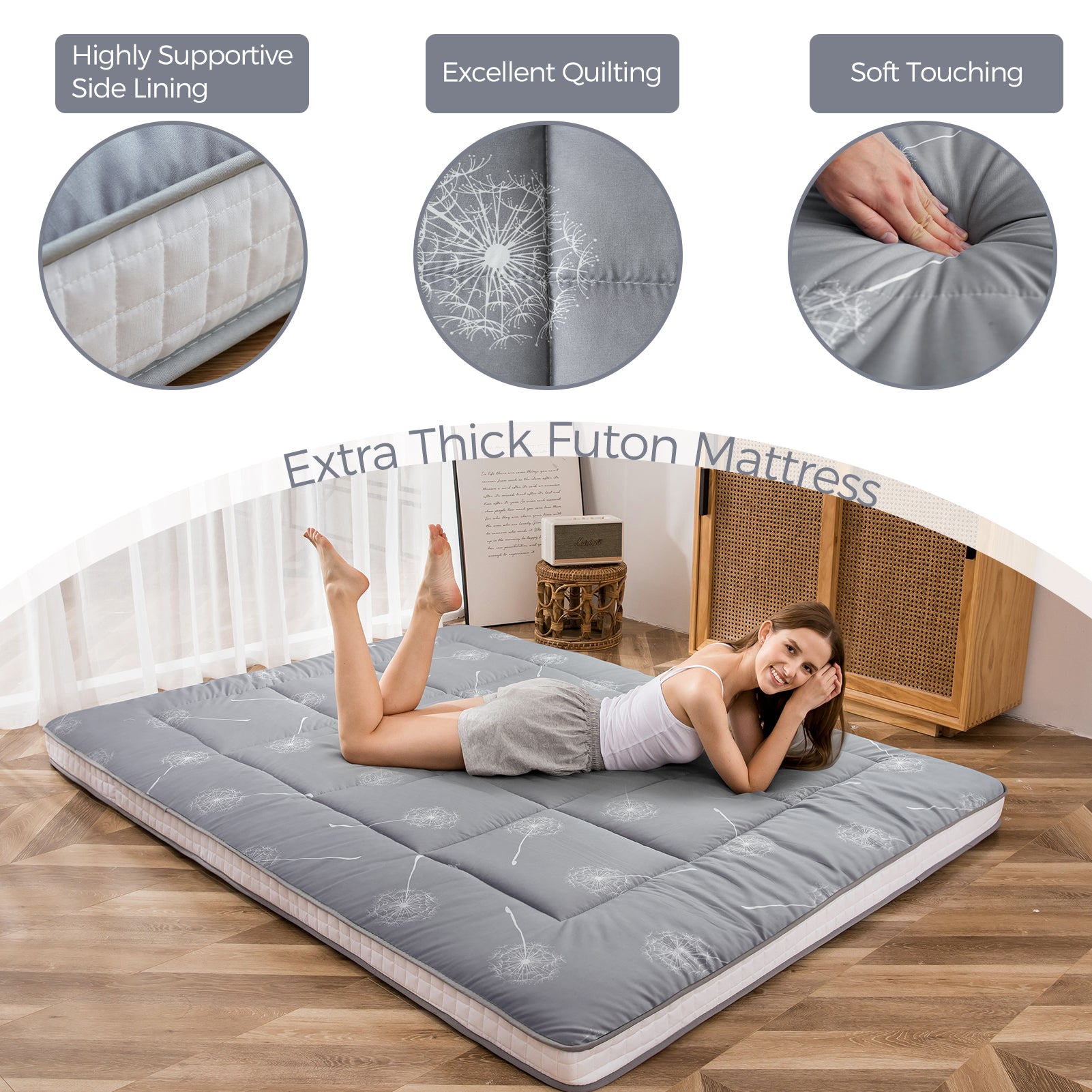 MAXYOYO Japanese Floor Futon Mattress - Grey Dandelion Pattern, Foldable Sleeping Mat for Guest Bed, Meditation & Small Space Living
