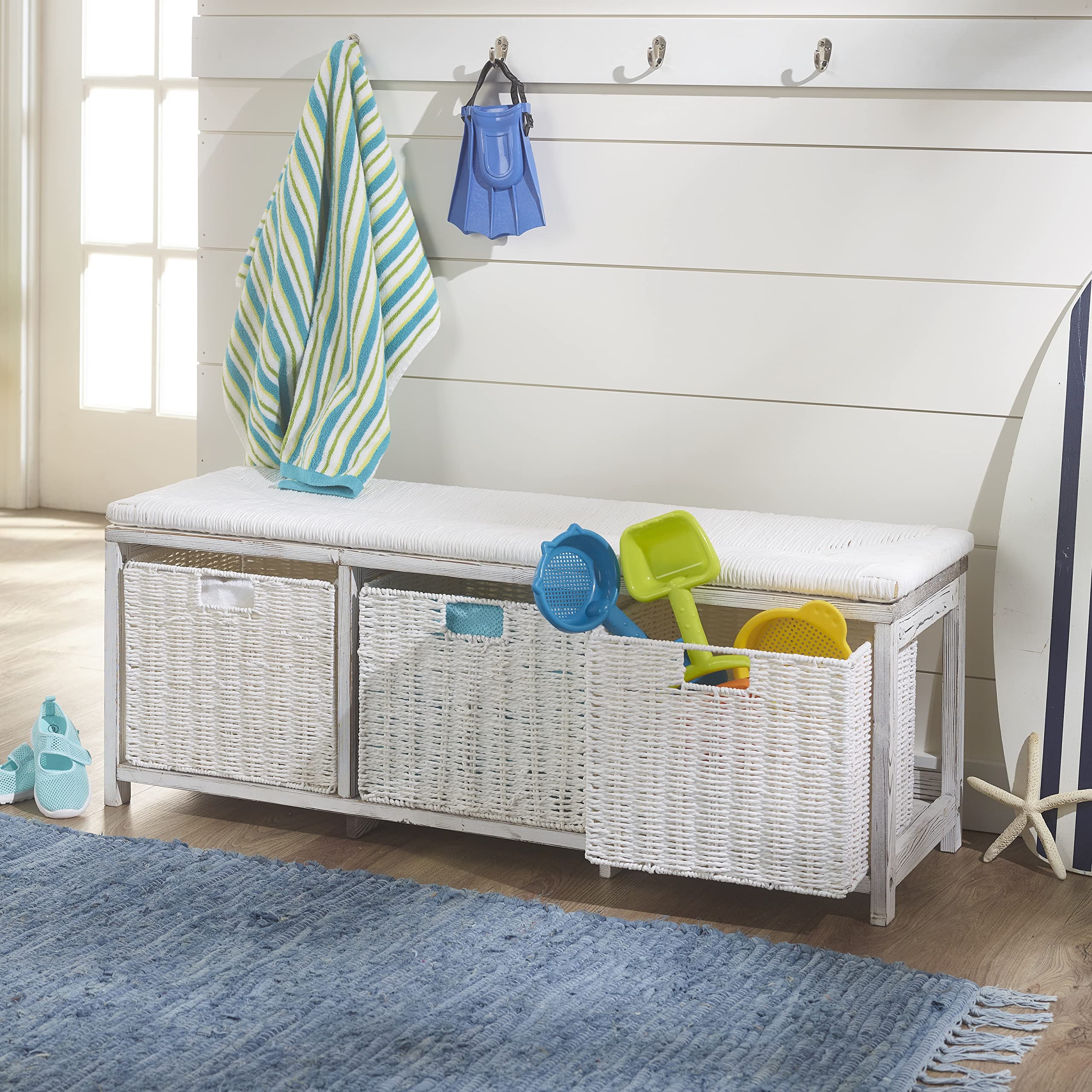 Badger Basket White Toy Storage Bench for Kids with Woven Top & 3 Collapsible Baskets - Perfect for Nursery, Playroom & Bedroom Organization