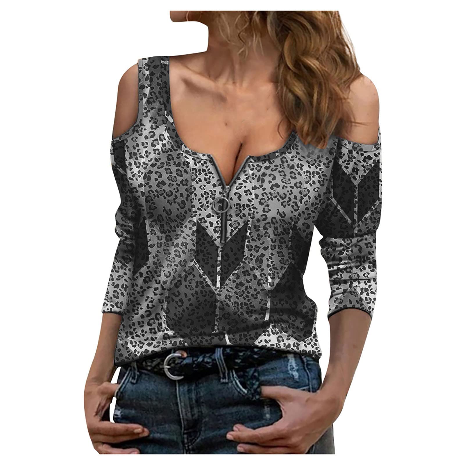 Hotkey Women's Short Sleeve V-Neck T-Shirt - Casual Printed Cold Shoulder Blouse for Summer | Perfect for Beach Outings, Date Nights & Casual Wear (Style T-241)