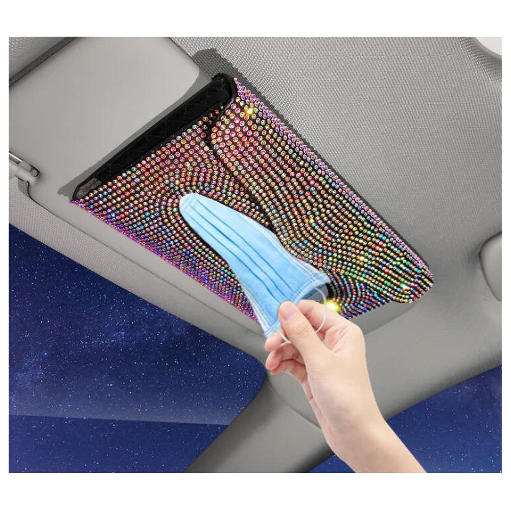 Sparkling Crystal Rhinestone Leather Car Sun Visor Tissue Box Holder - Auto Visor Napkin Holder for Paper Towels & Tissues - Stylish Car Accessory for Road Trips & Daily Commute
