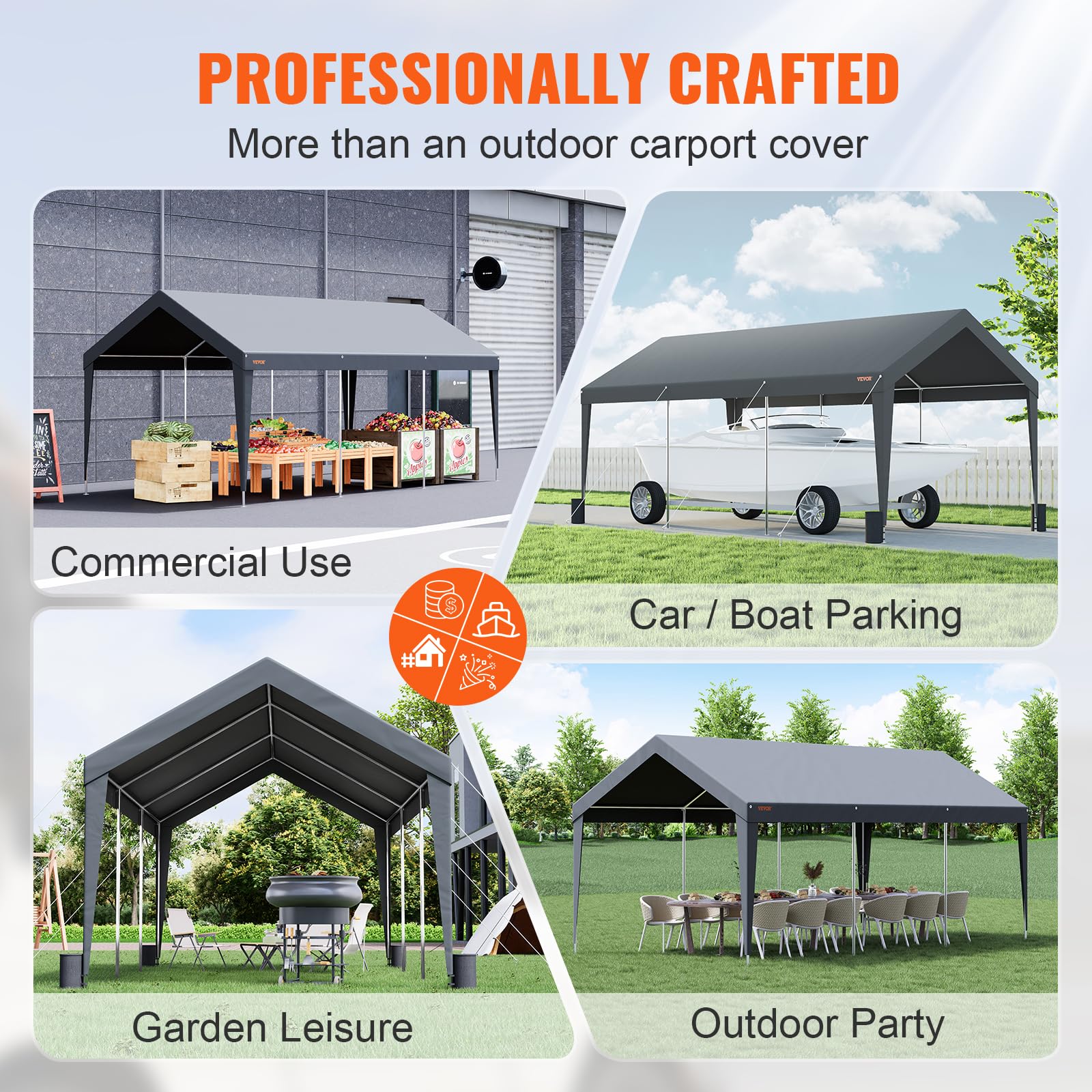 VEVOR 10x20ft Heavy Duty Carport Canopy - UV Resistant Waterproof Shelter for Cars, SUVs, Trucks & Boats | Reinforced Frame with 8 Poles & 4 Weight Bags | Perfect for Outdoor Parking, Parties & Events