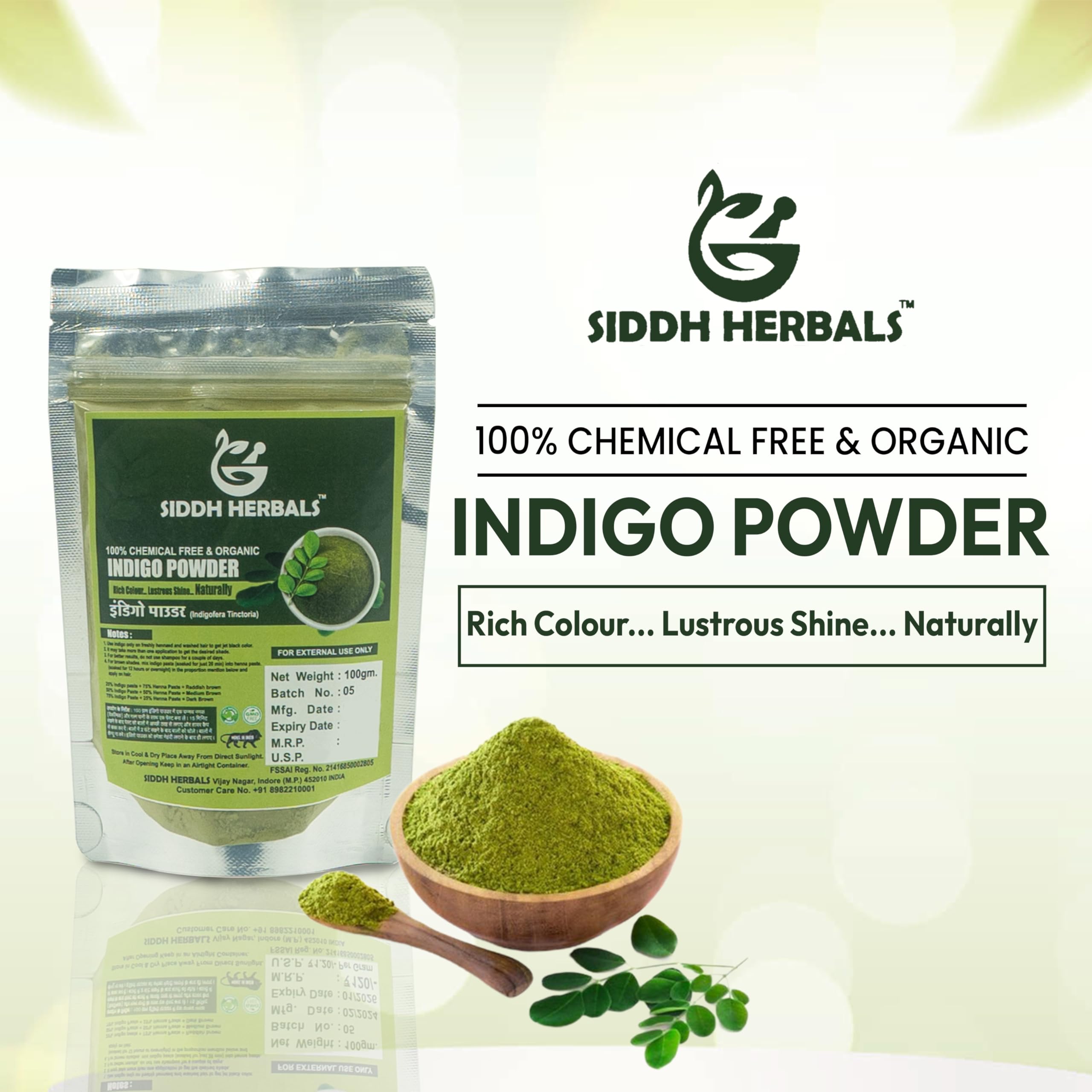 Organic Indigo Powder for Hair - 100% Natural Chemical-Free Hair Dye (100g) | Rich Color & Shine | Siddh Herbals | Perfect for Gray Coverage, DIY Hair Coloring & Ayurvedic Hair Care at Home