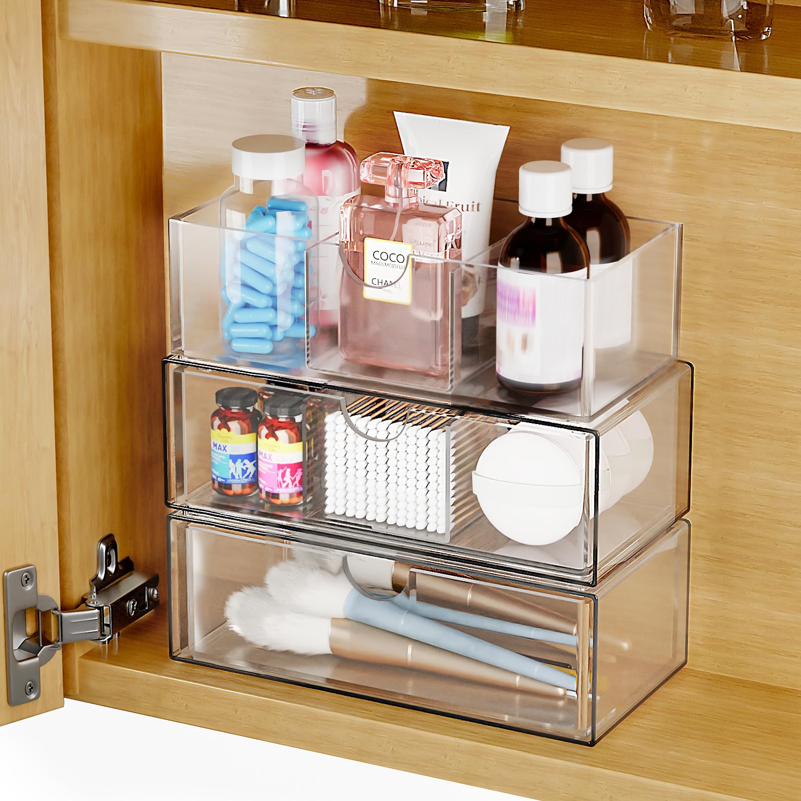 3-Tier Stackable Medicine Cabinet Organizer with Removable Dividers | Clear Plastic Bathroom Storage for Vanity | Perfect for Small Spaces, Apartment Bathrooms & Travel Essentials Organization