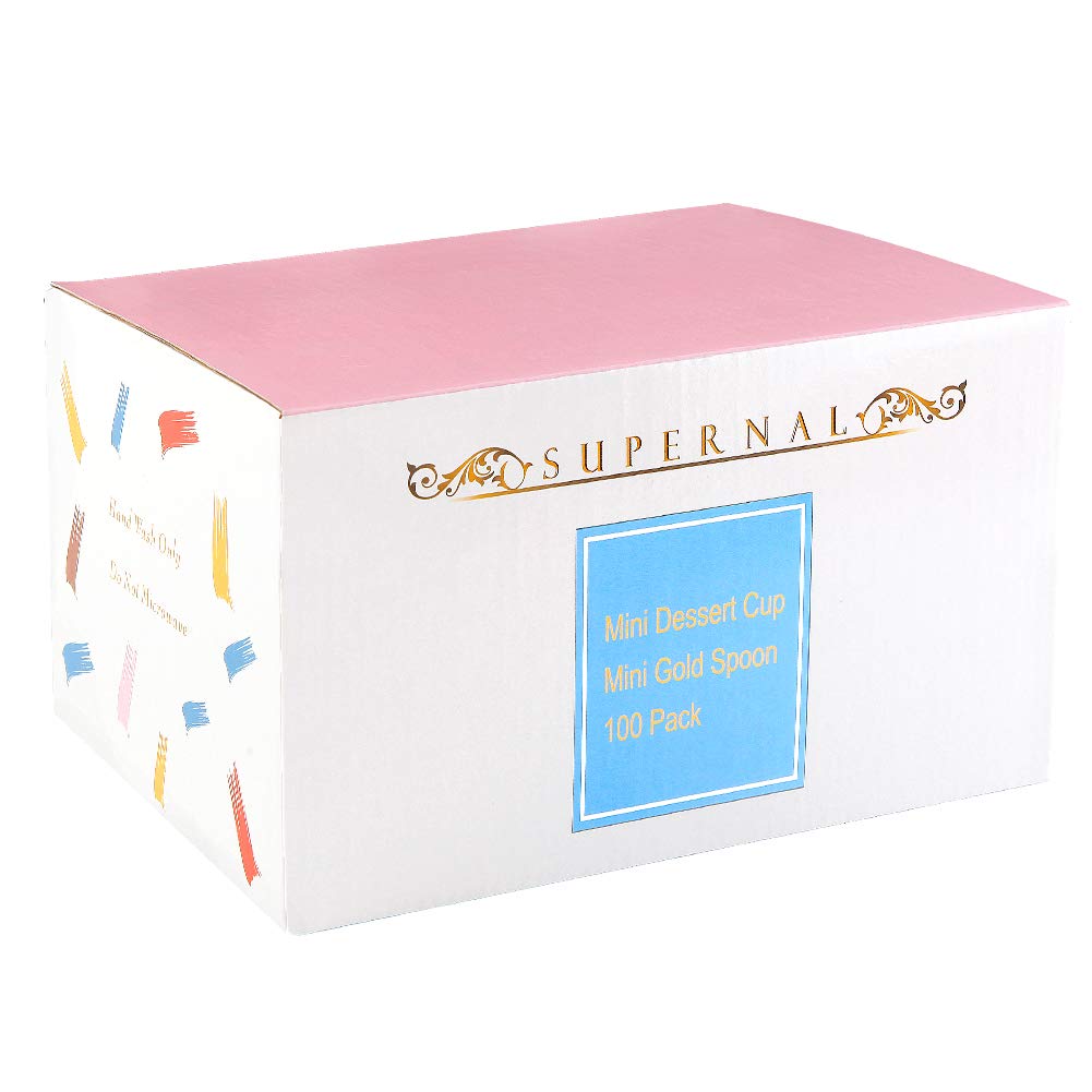 Premium 2oz Square Plastic Mini Dessert Cups with Gold Spoons - 100pcs Cups & 100pcs Spoons - Elegant Parfait & Appetizer Serving Set - Perfect for Birthday Parties, Weddings, Baby Showers & Catering Events - Ideal for Ice Cream, Yogurt, Mousse & Small Bites Presentation