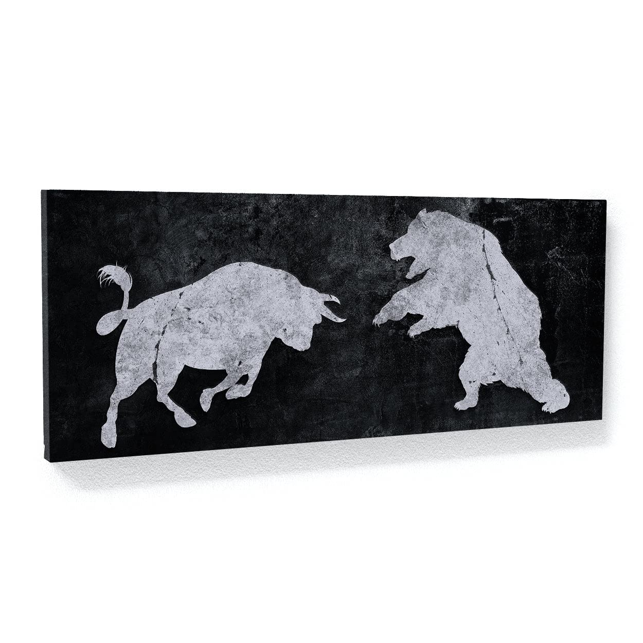 Bull vs Bear Wall Art - 20x8 Inches Financial Canvas Painting for Office & Home Decor - Stock Market Wall Street Entrepreneur Poster Print - Modern Black & White Artwork for Trading Room, Study & Workspace
