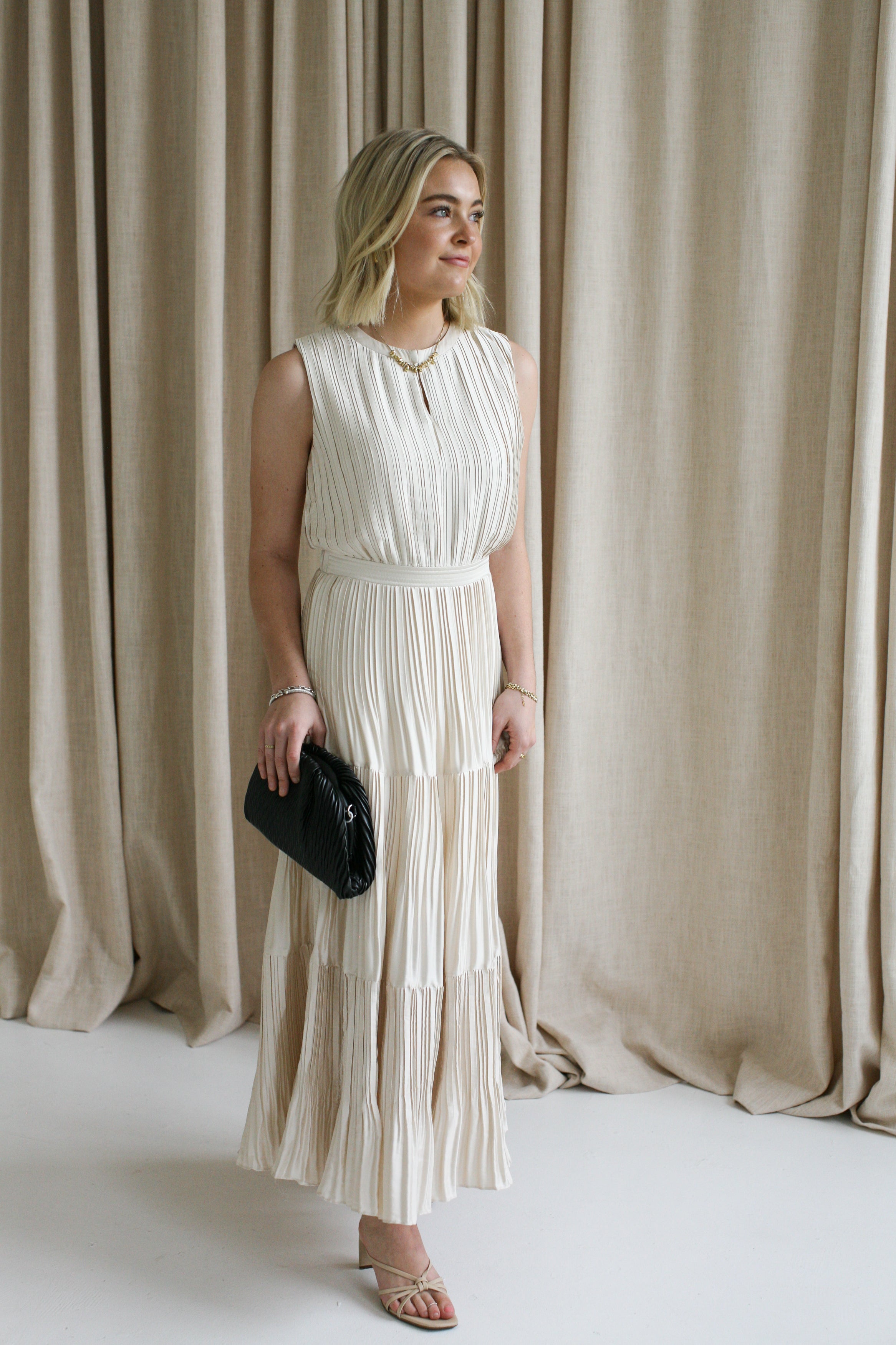 Elegant Taupe Pleated Sleeveless Dress for Women - Perfect for Summer Weddings, Cocktail Parties & Office Wear