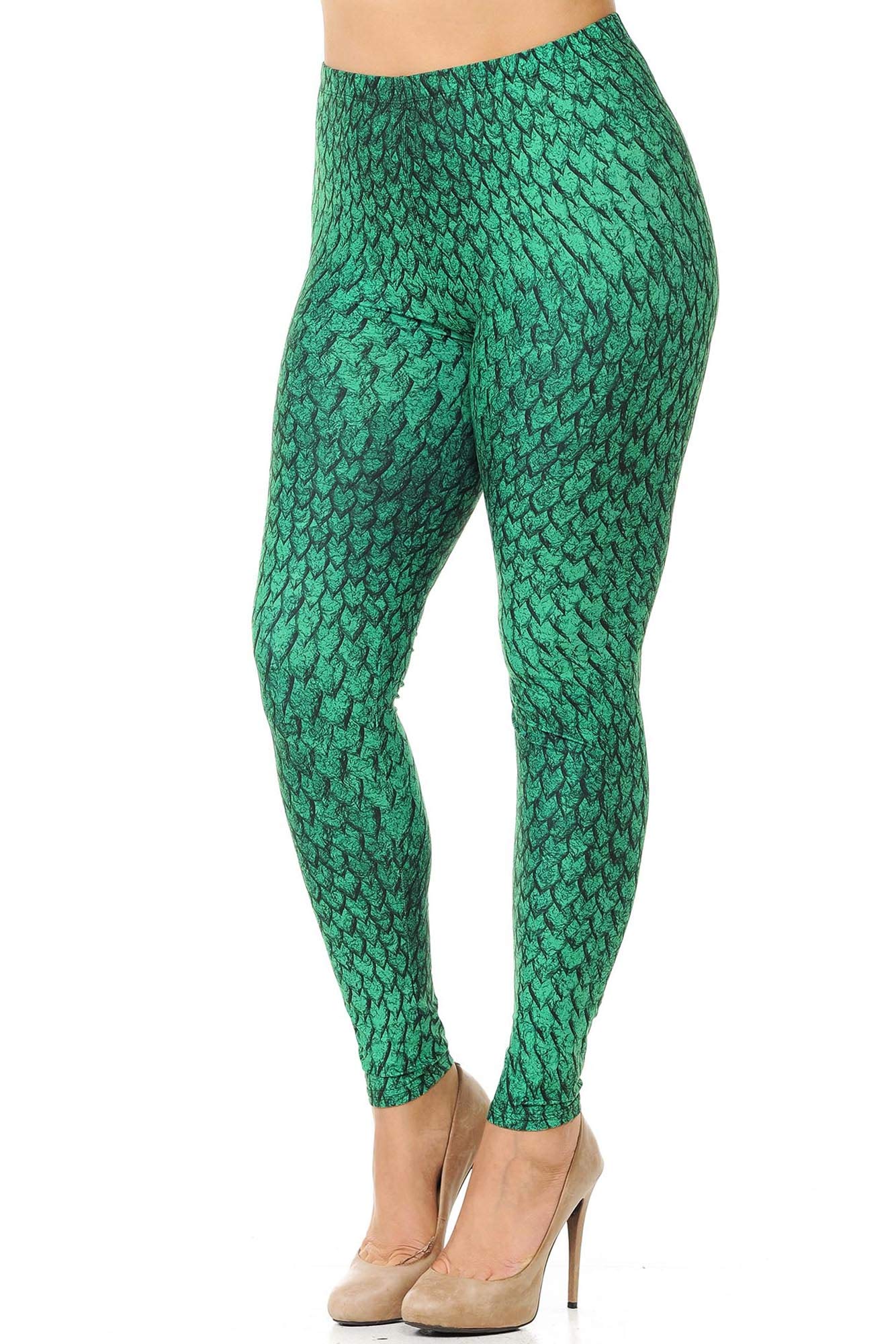 World of Leggings® Creamy Soft Green Mermaid Scale Plus Size Leggings - High Waisted Stretchy Yoga Pants for Women - Perfect for Workout, Lounge & Casual Wear