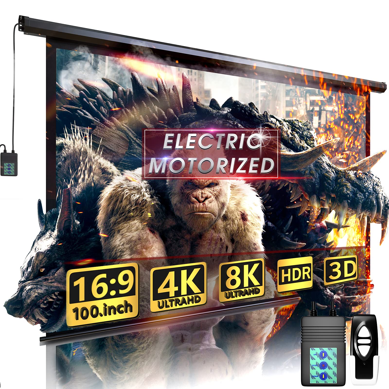 Aoxun 100 Inch Motorized Projector Screen - 16:9 HD Electric Drop Down Projection Screen with Remote Control for Indoor & Outdoor Home Theater, Movie Nights, and Backyard Entertainment