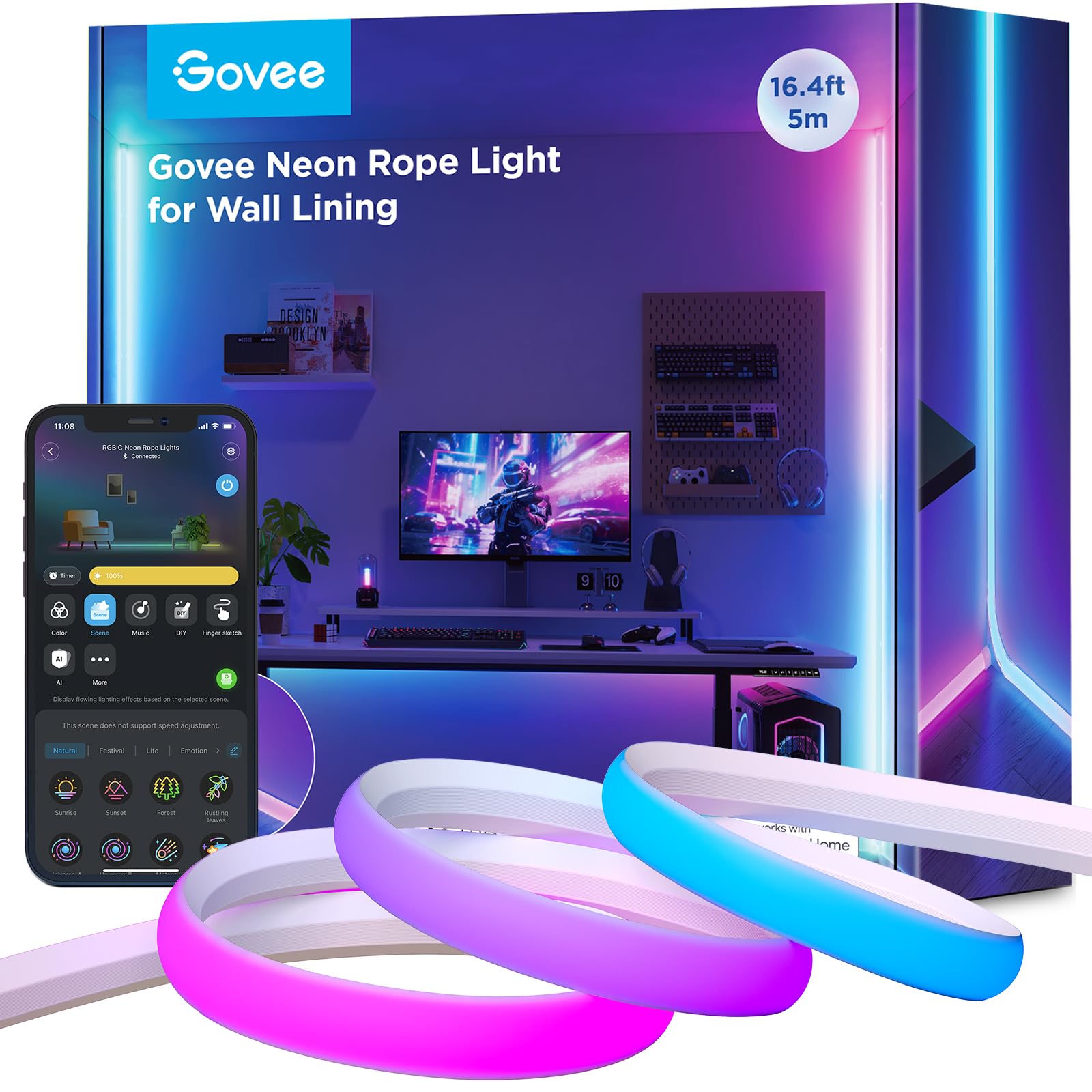 Govee 16.4ft RGBIC Smart Neon Rope Lights for Wall Lining - Matter & Alexa/Google Assistant Compatible, App Controlled LED Strip Lights with Music Sync - Perfect for Living Room, Bedroom & Wall Corner Decoration