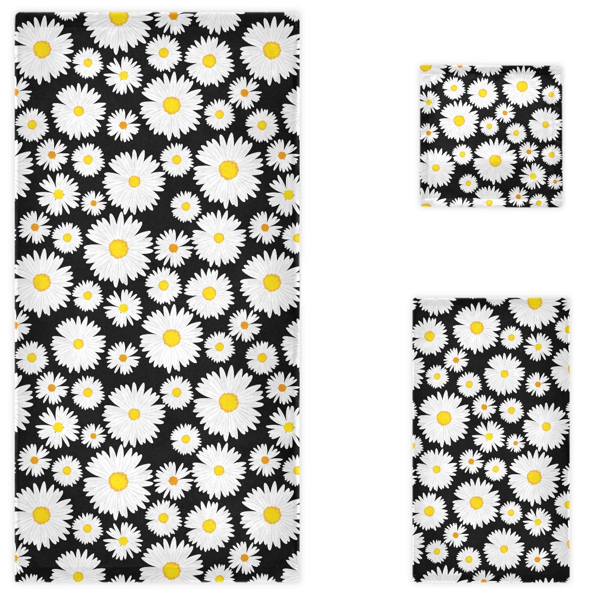 Luxury Soft Floral Daisies Bath Towel Set of 3 - 1 Bath Towel, 1 Hand Towel & 1 Washcloth | Premium Absorbent Cotton for Bathroom, Hotel, Gym, Spa & Beach | Elegant Black & White Home Decor | Perfect for Guest Rooms, Poolside & Vacation Rentals