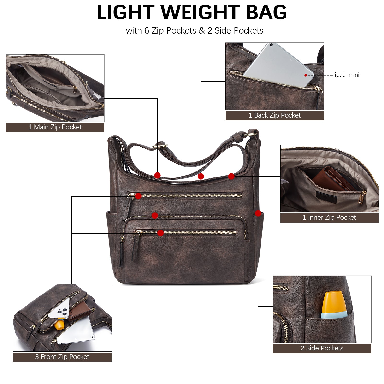 Evelyn Multi Pocket Shoulder Hobo Bag for Women - Stylish Crossbody Purse with Large Capacity - Perfect for Work, Travel & Everyday Use