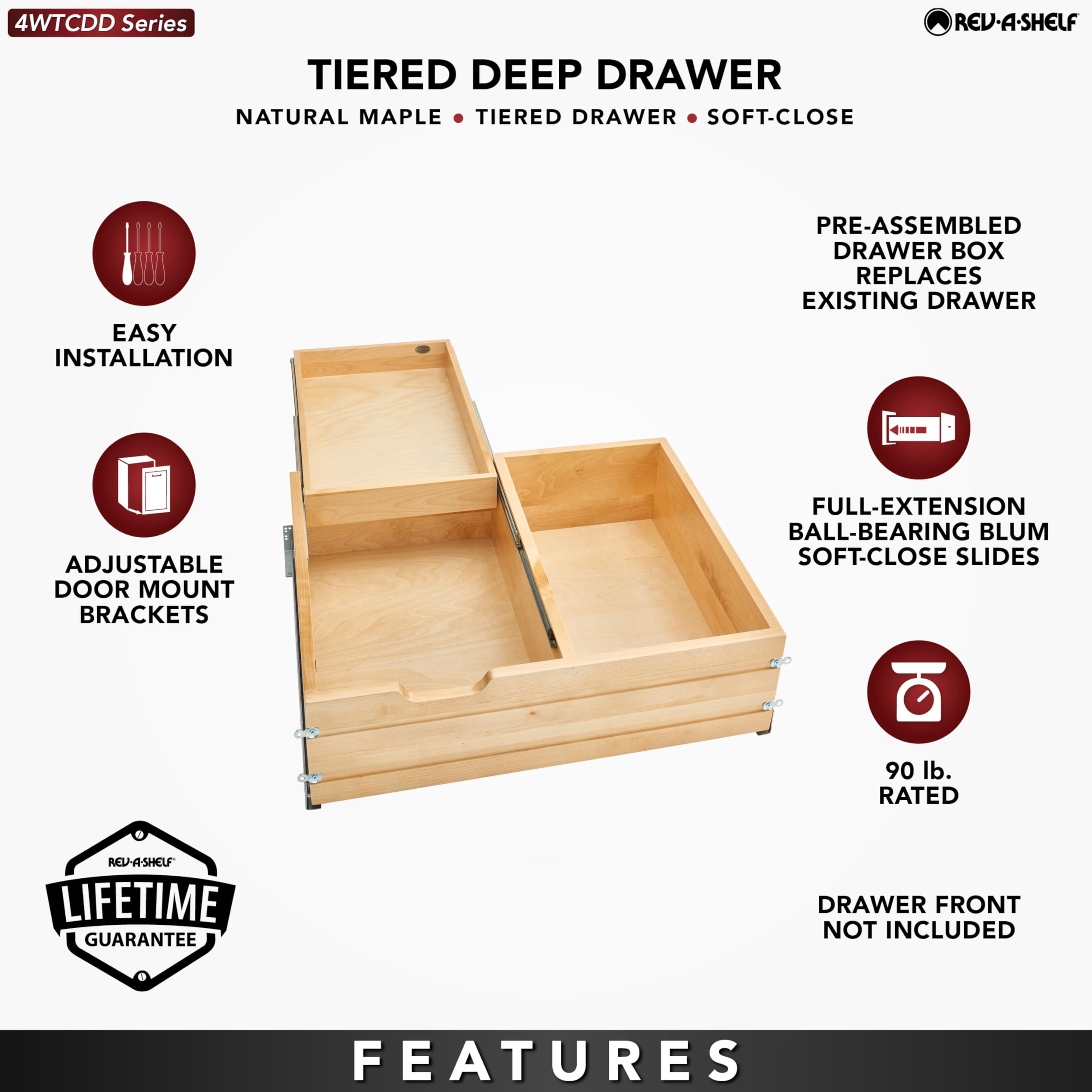 Rev-A-Shelf 4WTCDD-30HSC-1 27-Inch 2-Tier Kitchen Utensil & Cutlery Organizer with Blumotion Soft-Close Slides - Wooden Deep Drawer Pullout Tray for Spoons, Knives & Cooking Tools - Perfect for Kitchen Cabinets & Drawer Organization