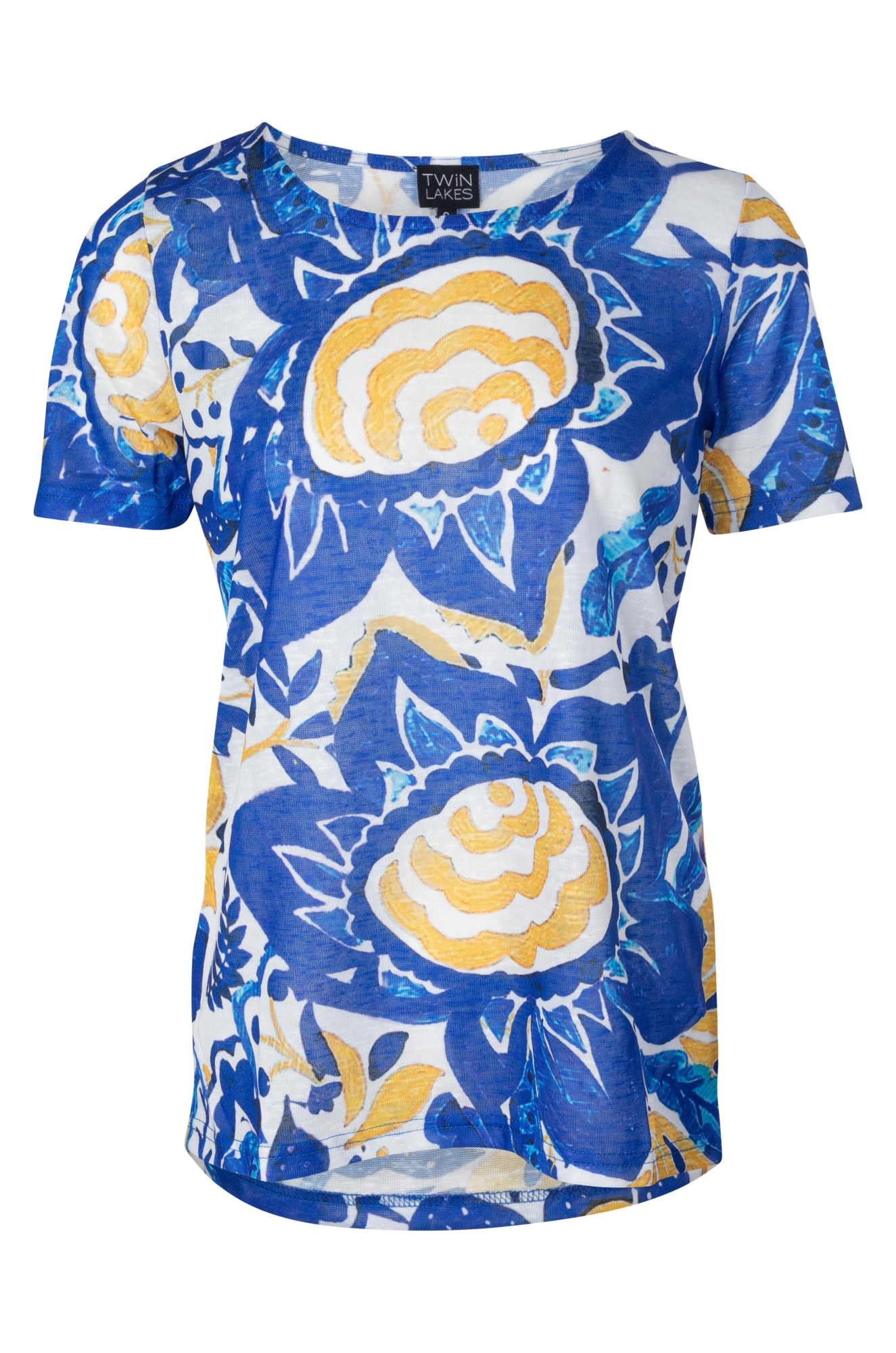 Printed Slub Top Women's Floral Blouse with Blue Sun Design - Casual Summer Tops for Beach, Vacation & Everyday Wear | Style 6791A1