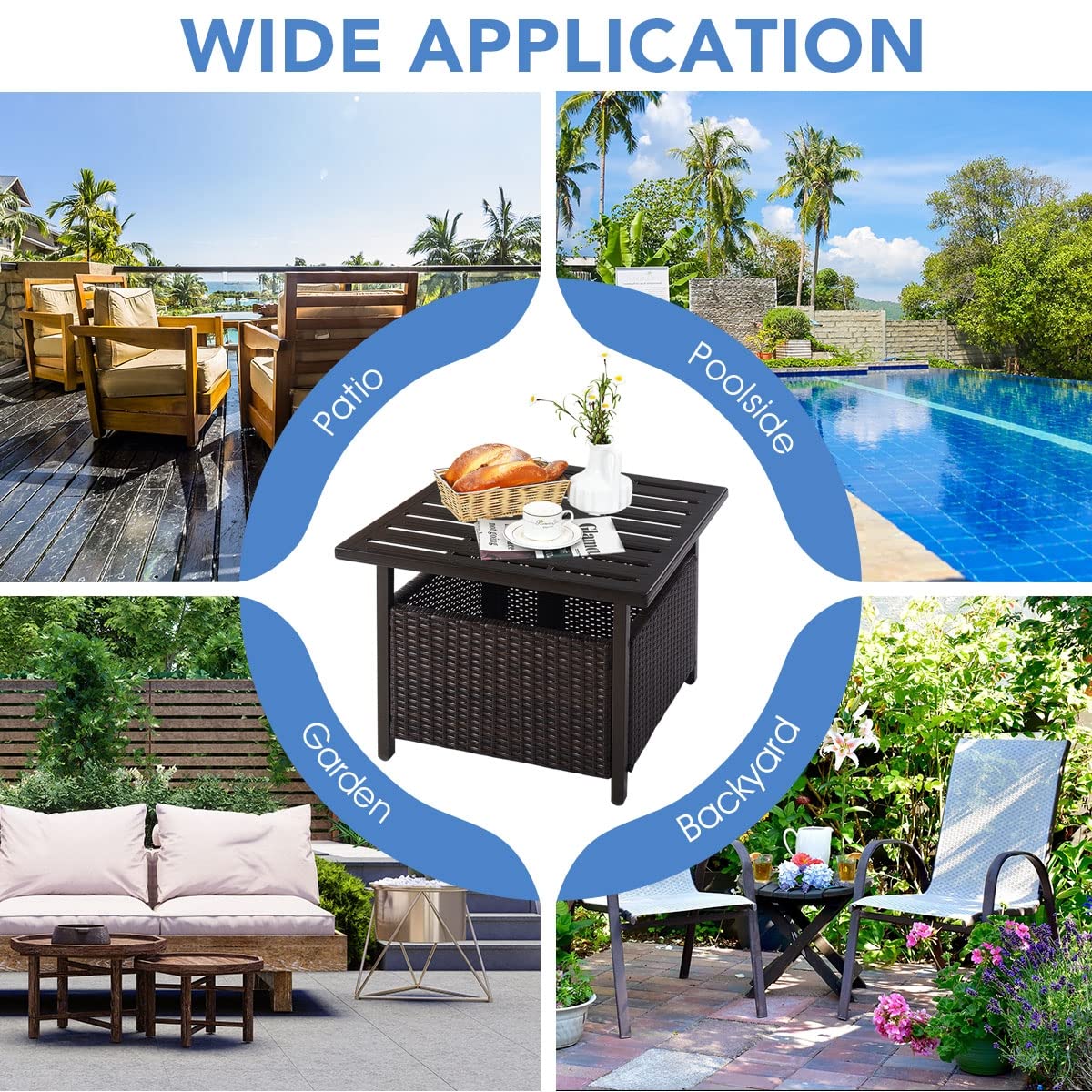Outdoor Bistro Table - Rattan Wicker & Steel Side Deck Dining Table with Umbrella Hole - Perfect for Patio, Garden, and Poolside Dining