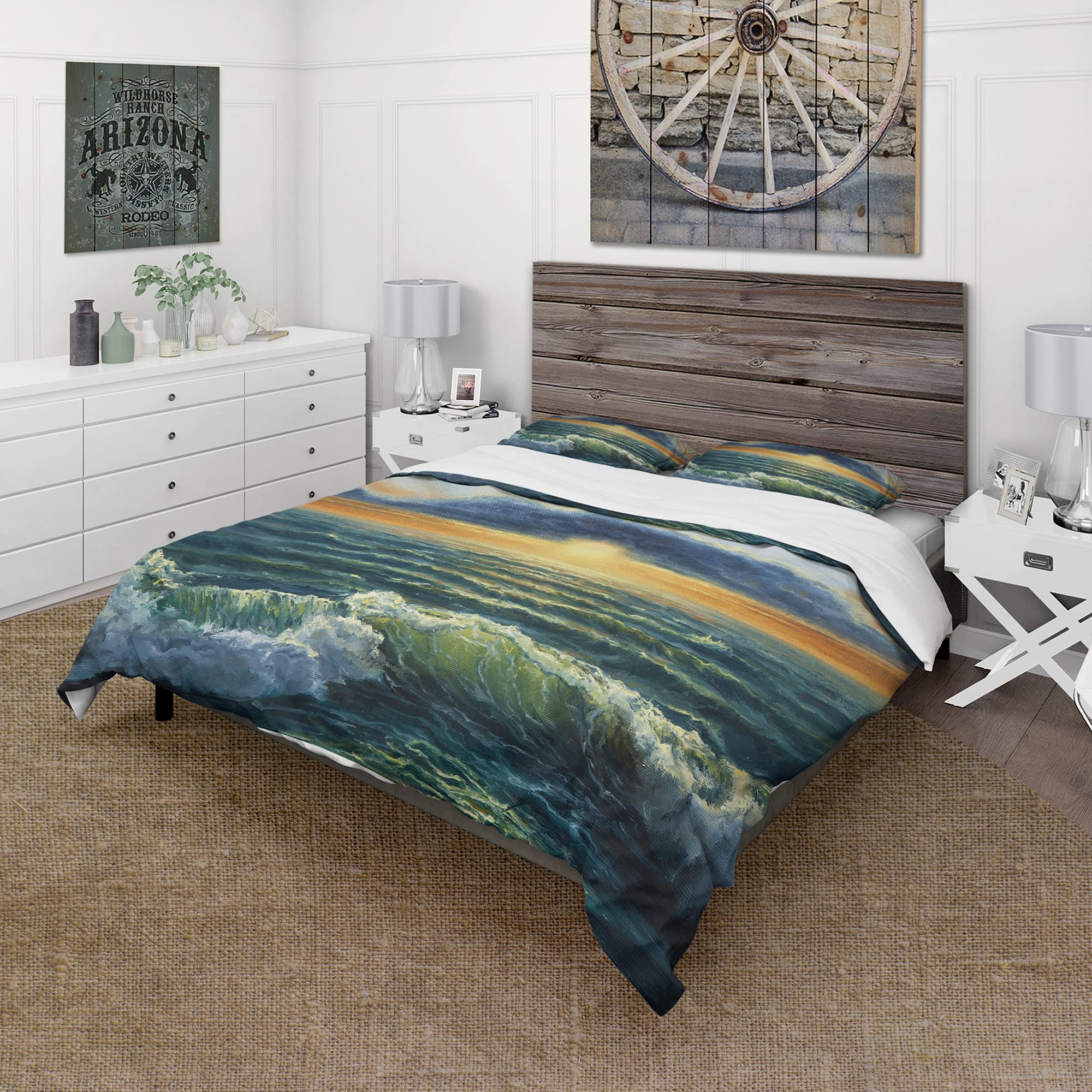 DesignQ Sunset Over Cloudy Ocean Nautical Duvet Cover Set - Twin Size Blue Coastal Bedding (3-Piece) | Soft All-Season Beach-Themed Comforter Cover for Guest Rooms, Vacation Homes & Coastal Decor