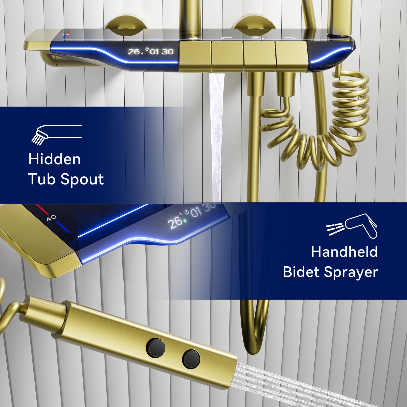 Brushed Gold Thermostatic Shower System Set - Adjustable Rainfall Shower Column with 310mm Shower Head, 3-Function Hand Shower & Bidet | Perfect for Modern Bathrooms, Spa-Like Experience, Water Saving