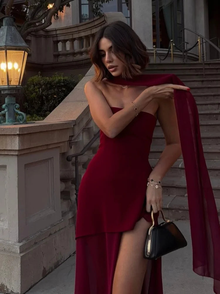 Elegant Off Shoulder Irregular Hem Dress with Scarf - Women's Sleeveless Backless Slim Fit Long Maxi Dress for Summer 2025 | Perfect for Beach Parties, Weddings, and Evening Events
