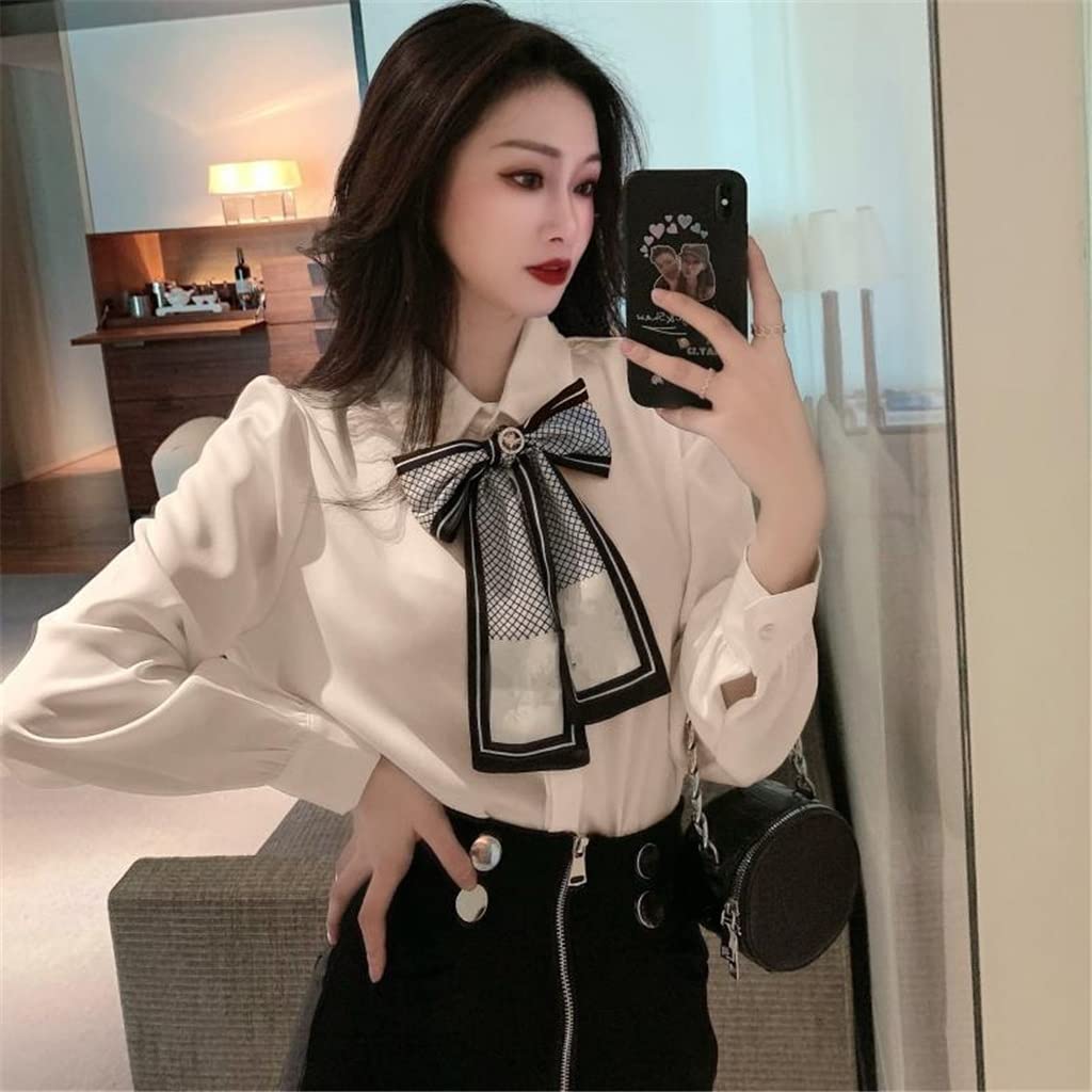 French White Long Sleeve Chiffon Blouse with Bow Tie - Women's Spring Office Tunic Top (Apricot, XL) | Perfect for Workwear, Business Casual & Formal Occasions