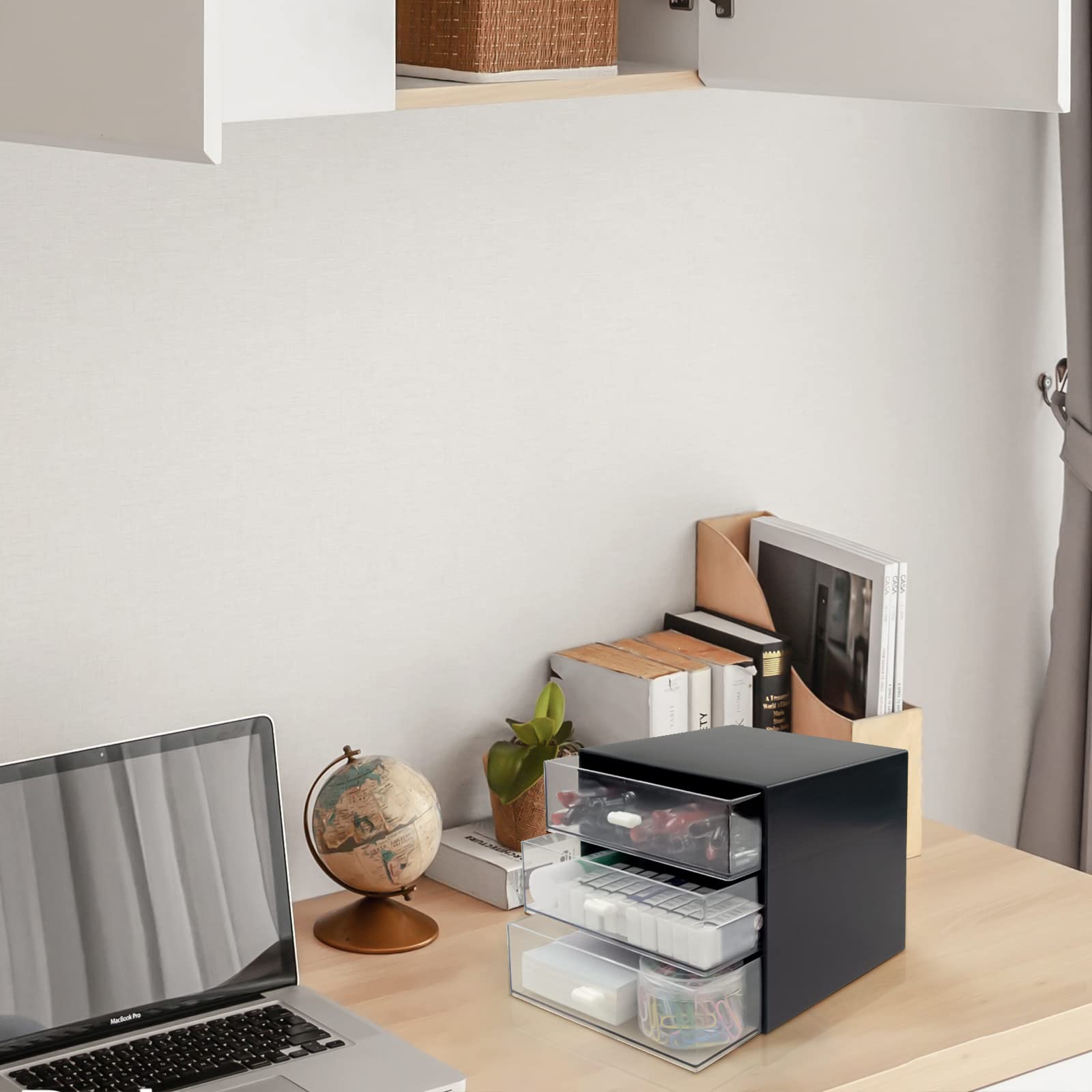 3-Drawer Black Plastic Desk Organizer with Storage Box - Office, School & Home Stationery Supplies Organizer for Pens, Paper Clips & Small Accessories - Perfect for Workspace, Study Desk & Dorm Room Organization