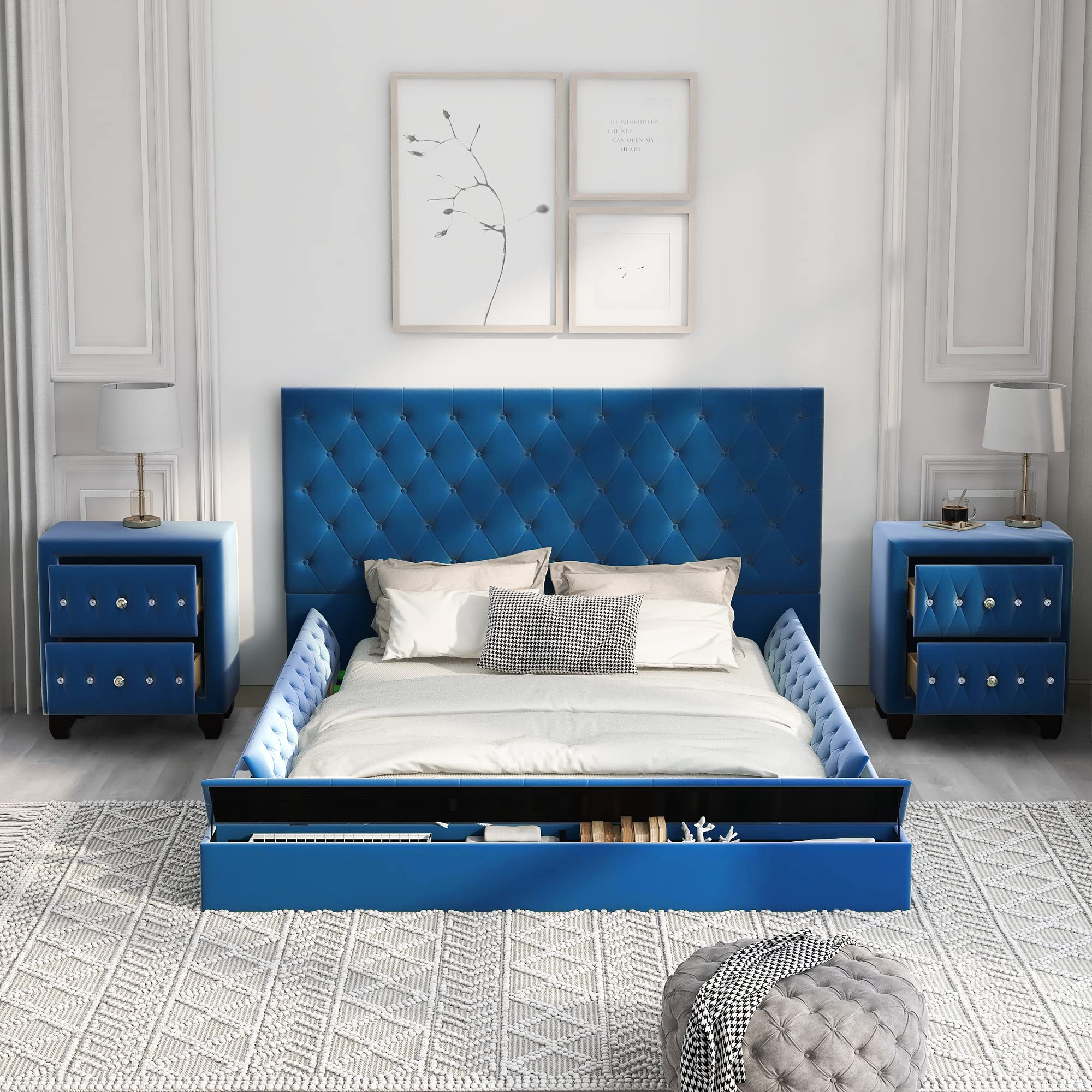 P PURLOVE Full Upholstery Low Profile Storage Platform Bed with 2 Nightstands - Modern Blue Fabric Bed Frame with Underbed Storage | Perfect for Small Bedrooms, Guest Rooms & Studio Apartments