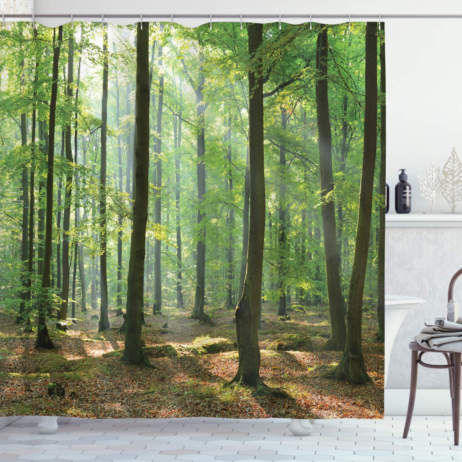 Ambesonne Forest Shower Curtain - Morning in The Woods Nature Print, Waterproof Fabric Bathroom Decor with Hooks, 69