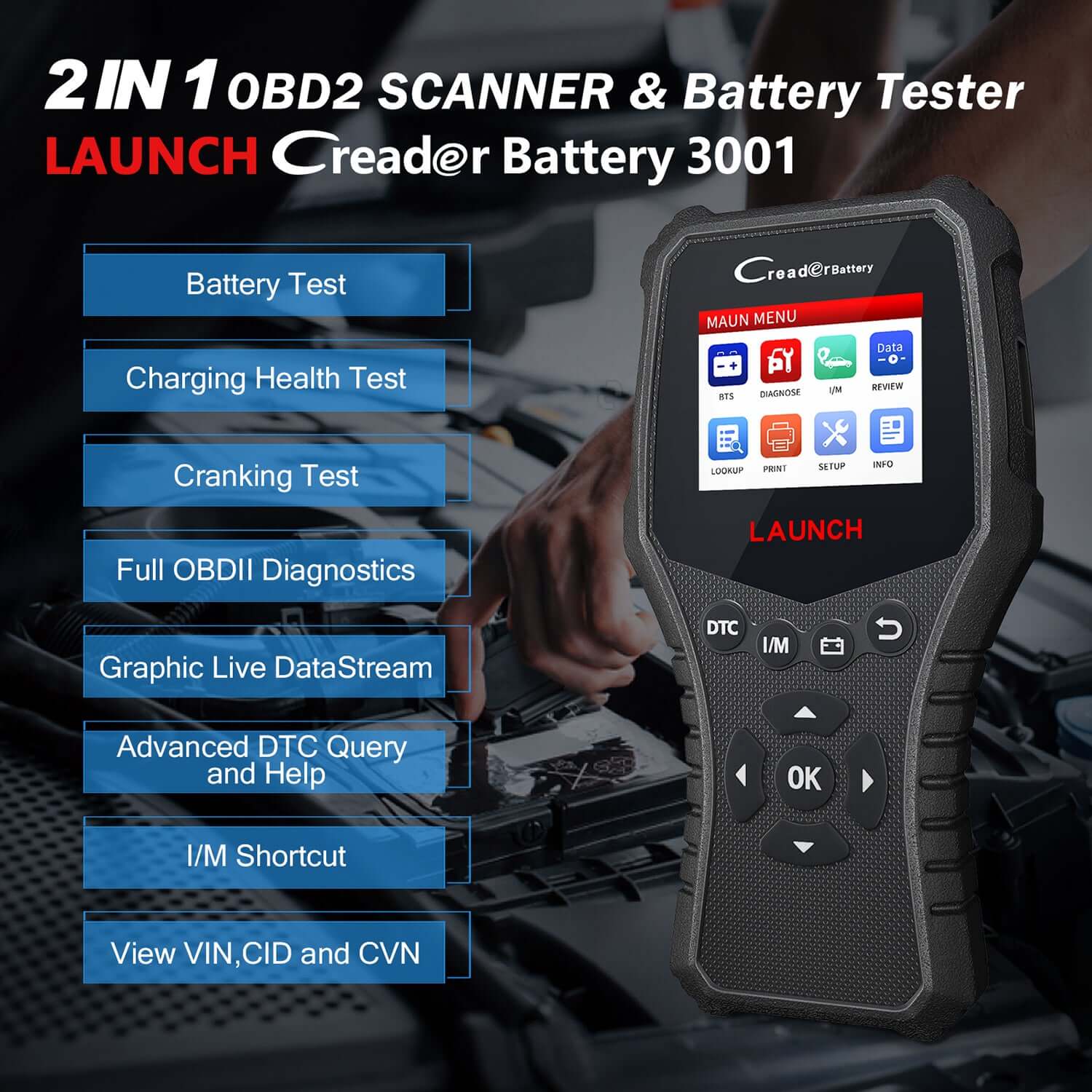 LAUNCH® CRB3001 OBD2 Scanner & Battery Tester - Professional Car Diagnostic Tool for Engine Fault Codes, Battery Health Check - Perfect for Mechanics & DIY Auto Repair at Home or Garage