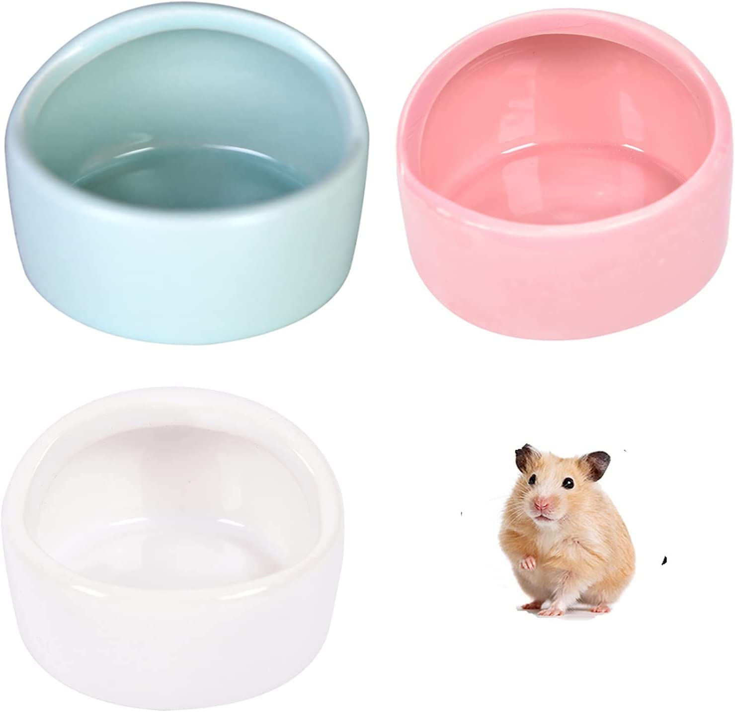 3 Pcs Ceramic Hamster Food and Water Bowls - No Spill, No Turnover Small Pet Dishes for Hamsters, Guinea Pigs, Hedgehogs, Gerbils, and Rodents (Blue, Pink, White) - Perfect for Cage Feeding and Easy Cleaning