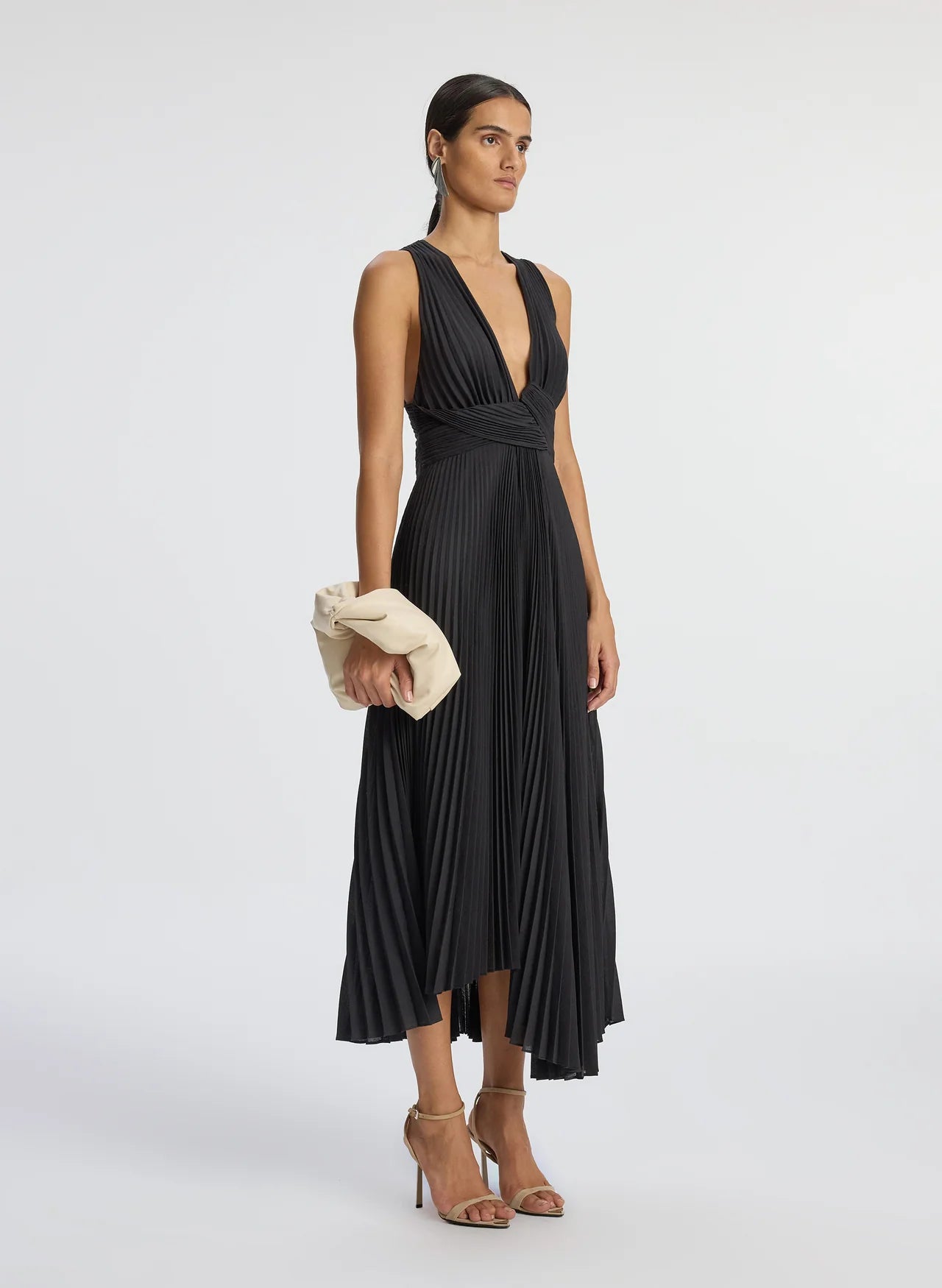 Everly Pleated Midi Dress for Women - Elegant Black Flowy Skirt Dress for Office, Party & Special Occasions