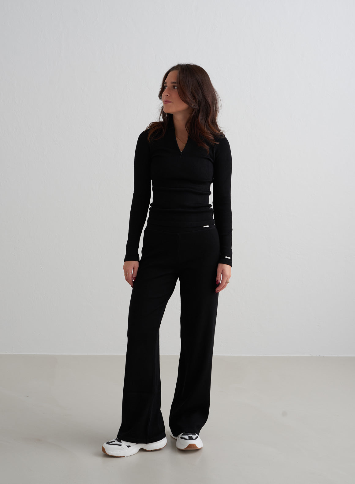 Black Ribbed Wool Wide Leg Pants for Women - High Waisted Winter Trousers, Comfortable & Stylish for Office, Travel & Casual Outfits