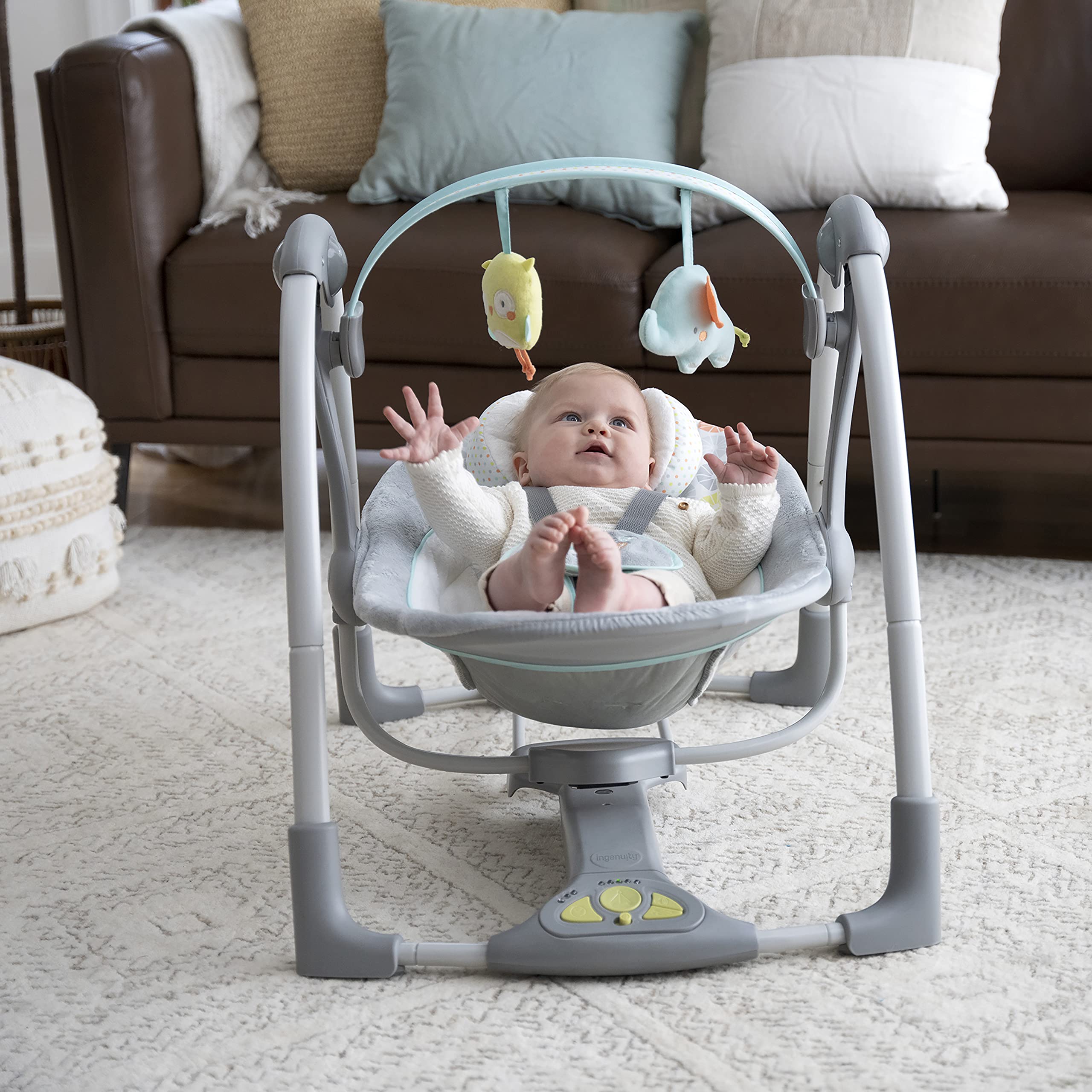 Ingenuity Swing 'n Go 5-Speed Baby Swing - Foldable, Portable Infant Swing with 2 Plush Toys & Soothing Sounds for Newborns 0-9 Months (6-20 lbs) | Perfect for Nursery, Travel & On-the-Go Parents (Hugs & Hoots)