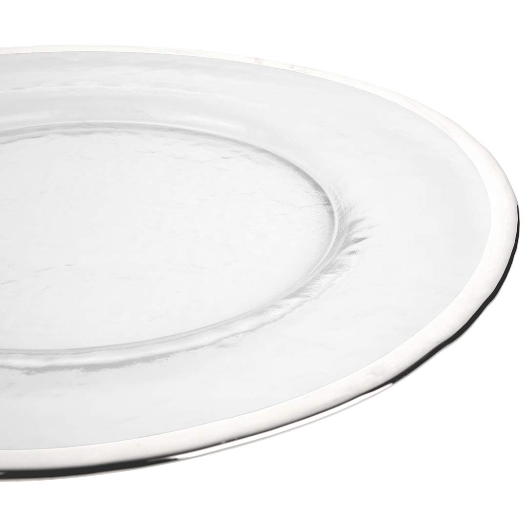 Koyal Wholesale Bulk Clear Glass Silver Rim Charger Plates - Set of 4 Elegant Silver Hammered Glass Chargers - Perfect for Weddings, Parties & Formal Dining Decor