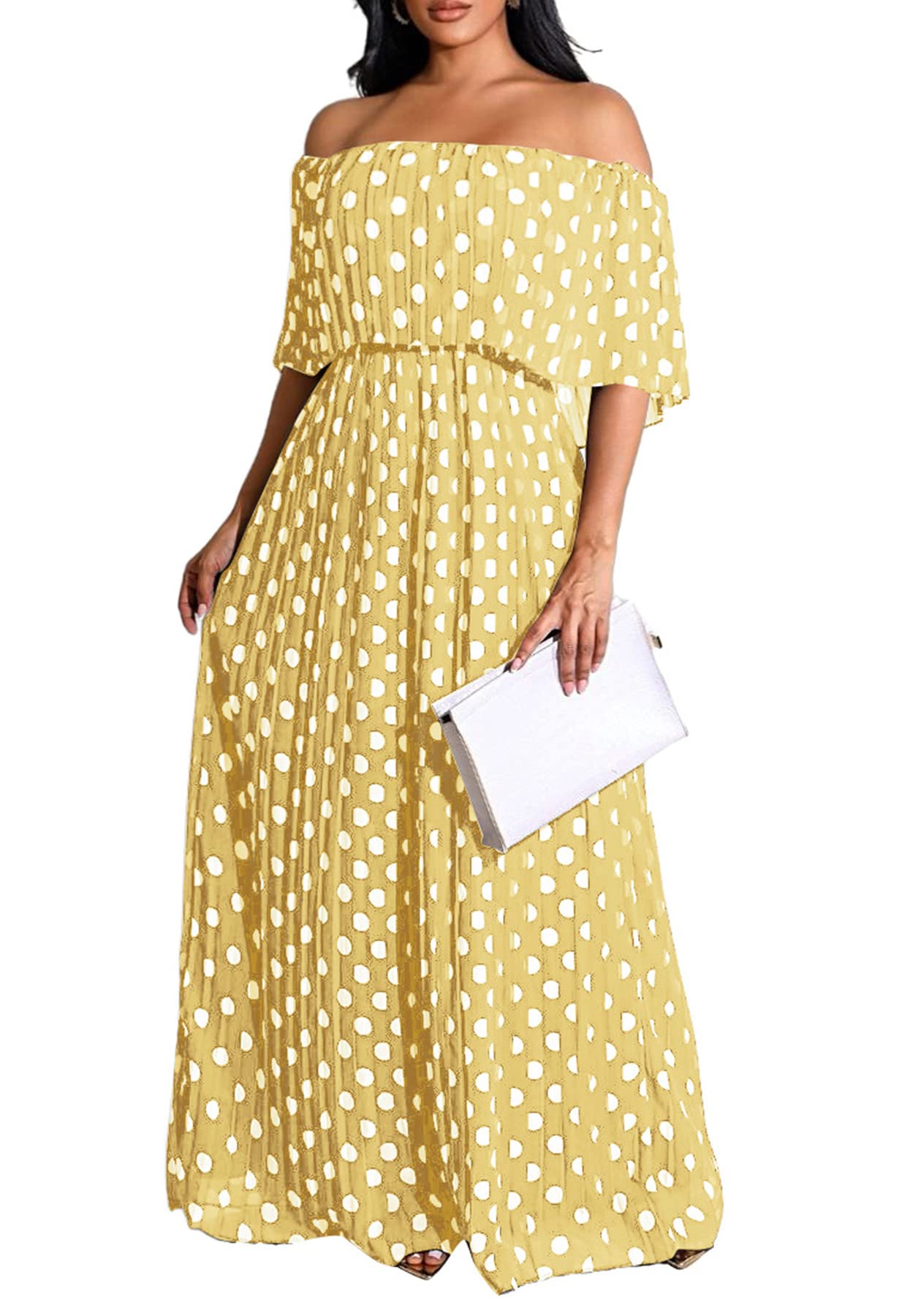 LAJIOJIO Women's Off Shoulder Ruffle Party Dress - Elegant Slim Fit Short Sleeve Beach Maxi Dress for Summer Vacation, Cocktail Party & Date Night