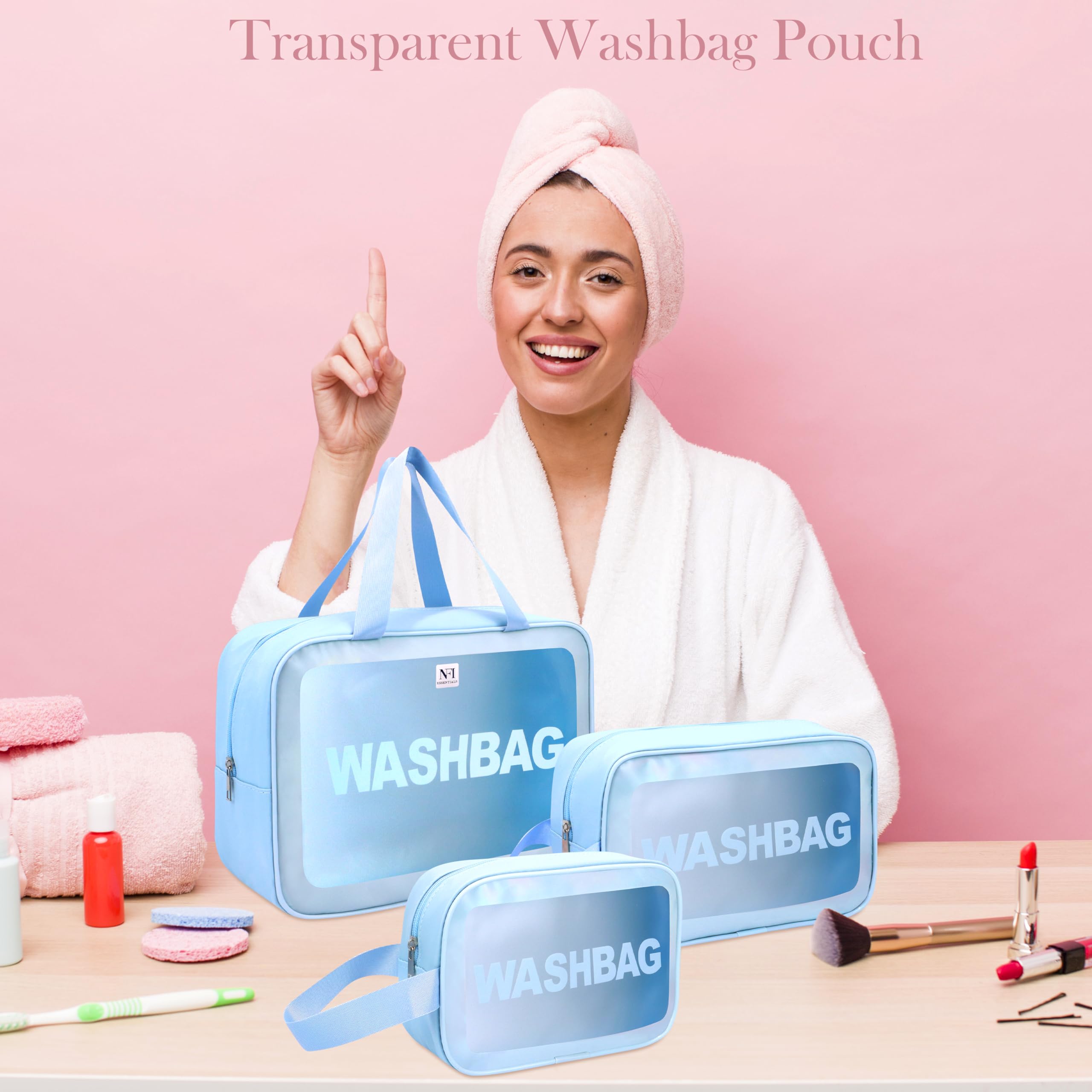 NFI Essentials 3-Pack Clear Wash Bag Pouch - Waterproof Cosmetic Organizer for Women, Travel Makeup Bag, Portable Toiletry Storage - Perfect for Gym, Vacation & Daily Use